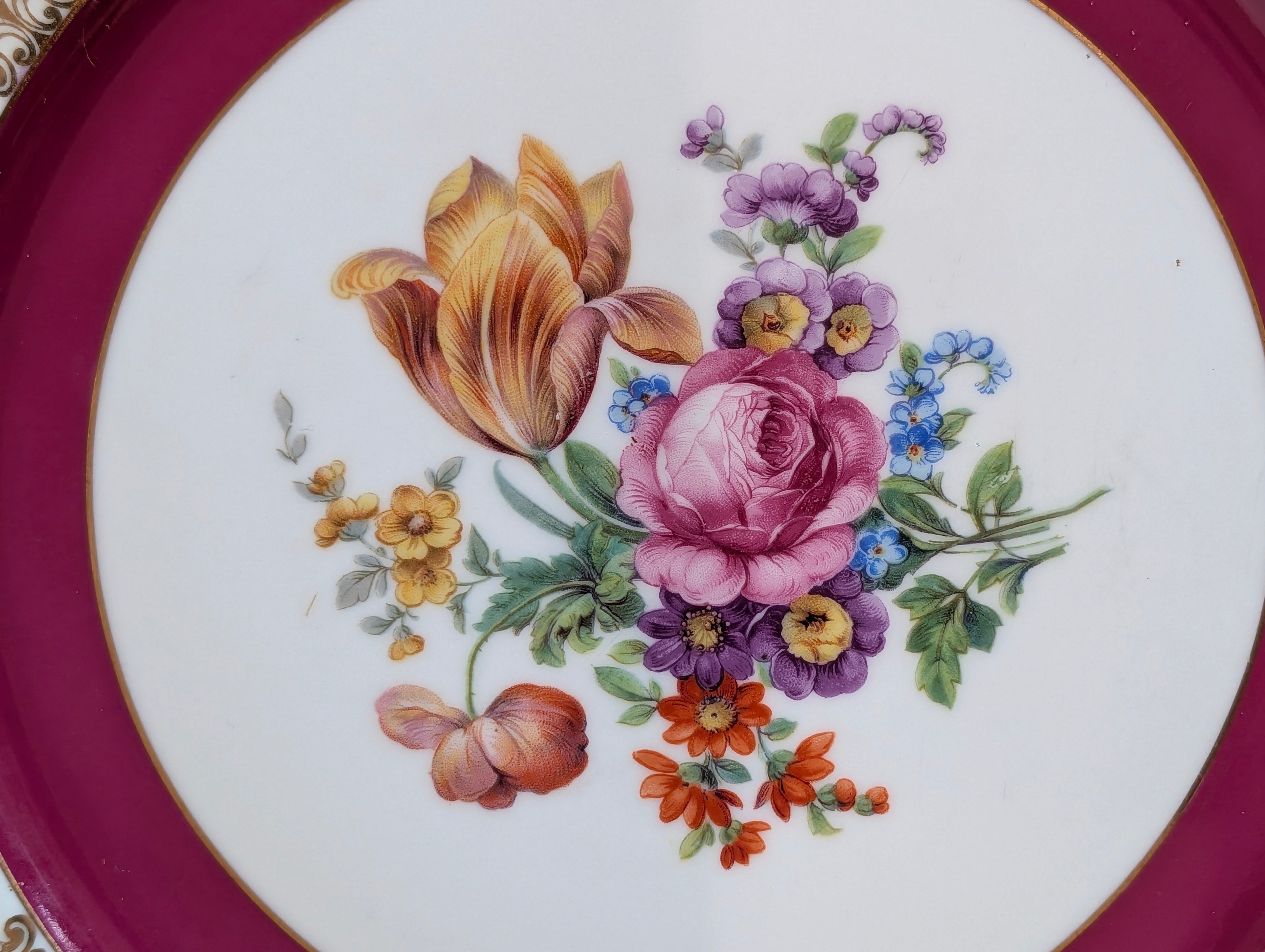Czechoslovakia Porcelain Floral Plates Gold Gilt Pink Rim