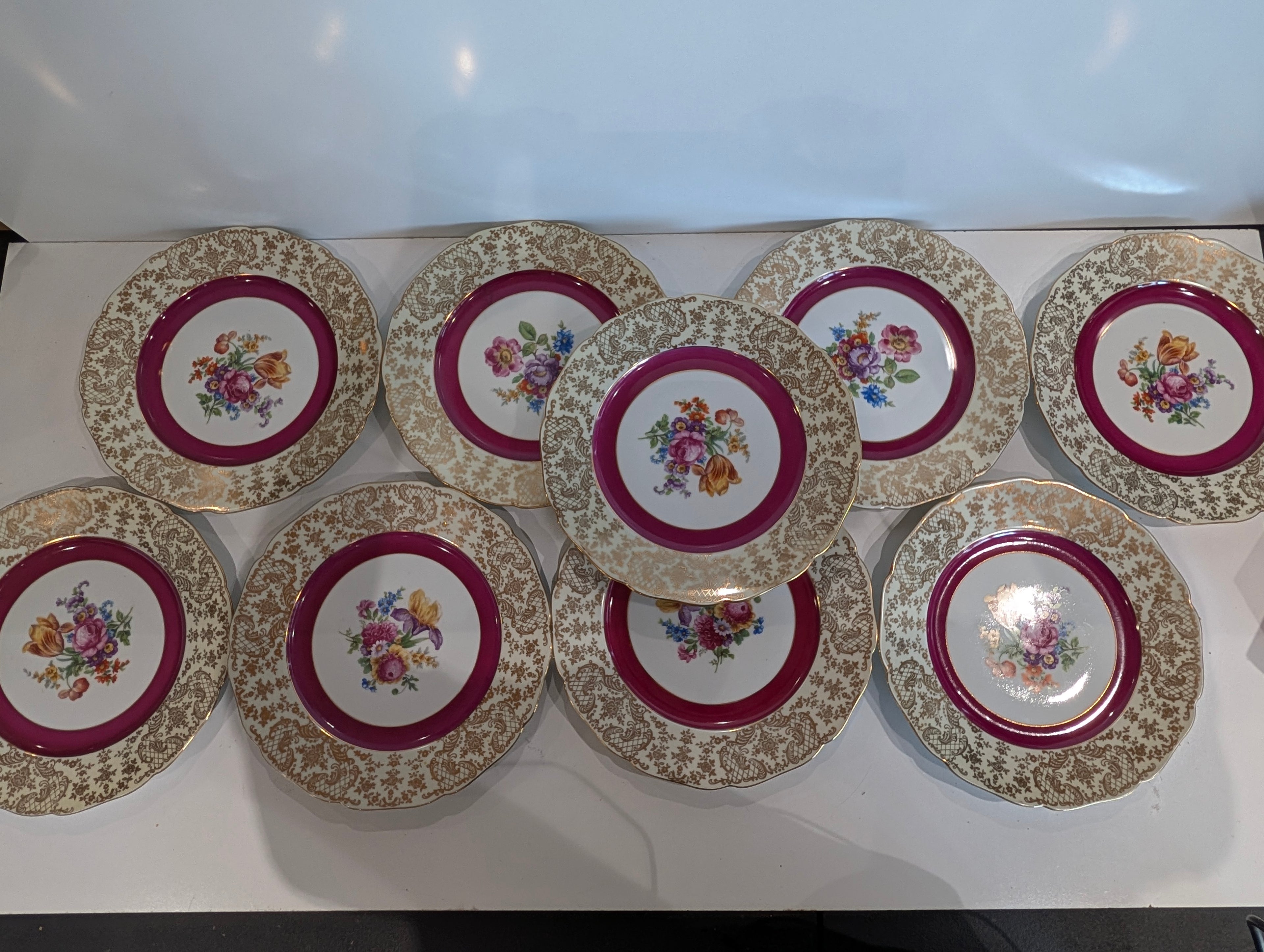Czechoslovakia Porcelain Floral Plates Gold Gilt Pink Rim