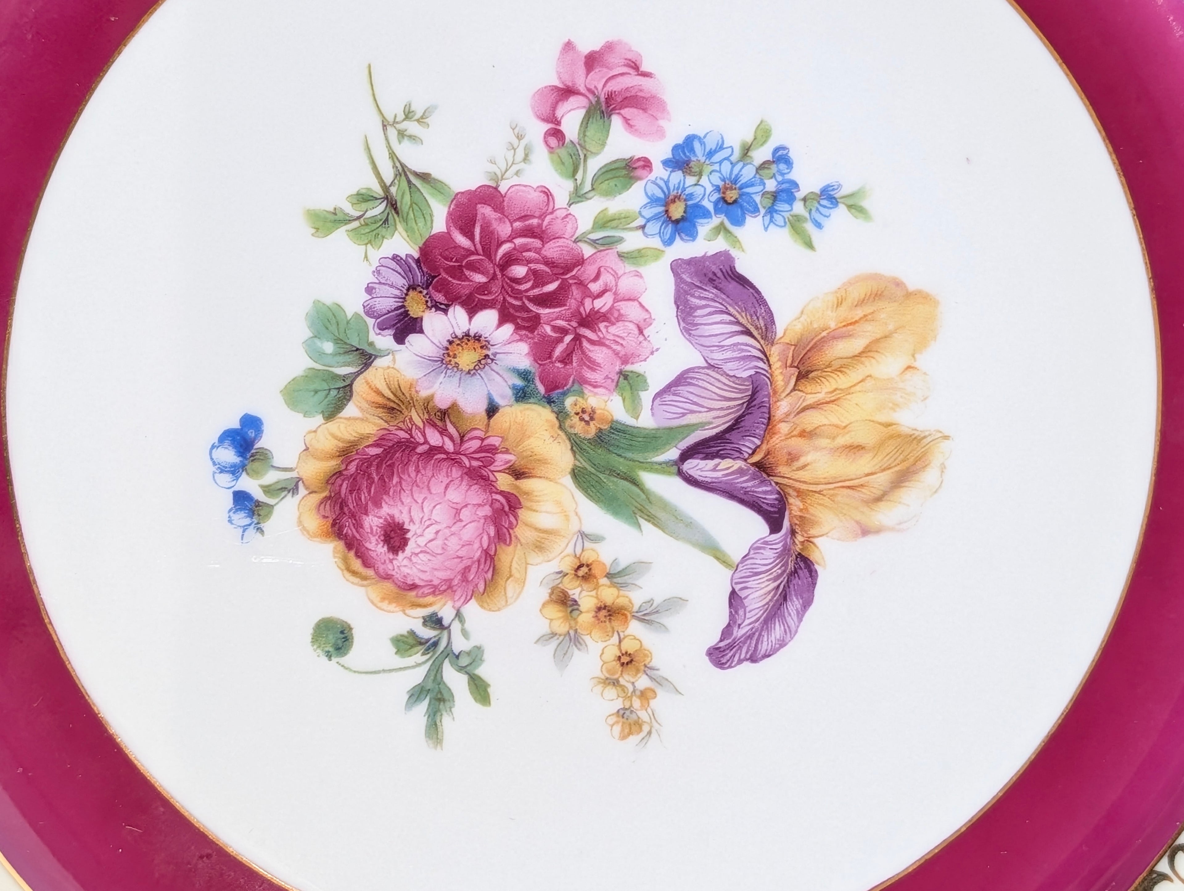 Czechoslovakia Porcelain Floral Plates Gold Gilt Pink Rim