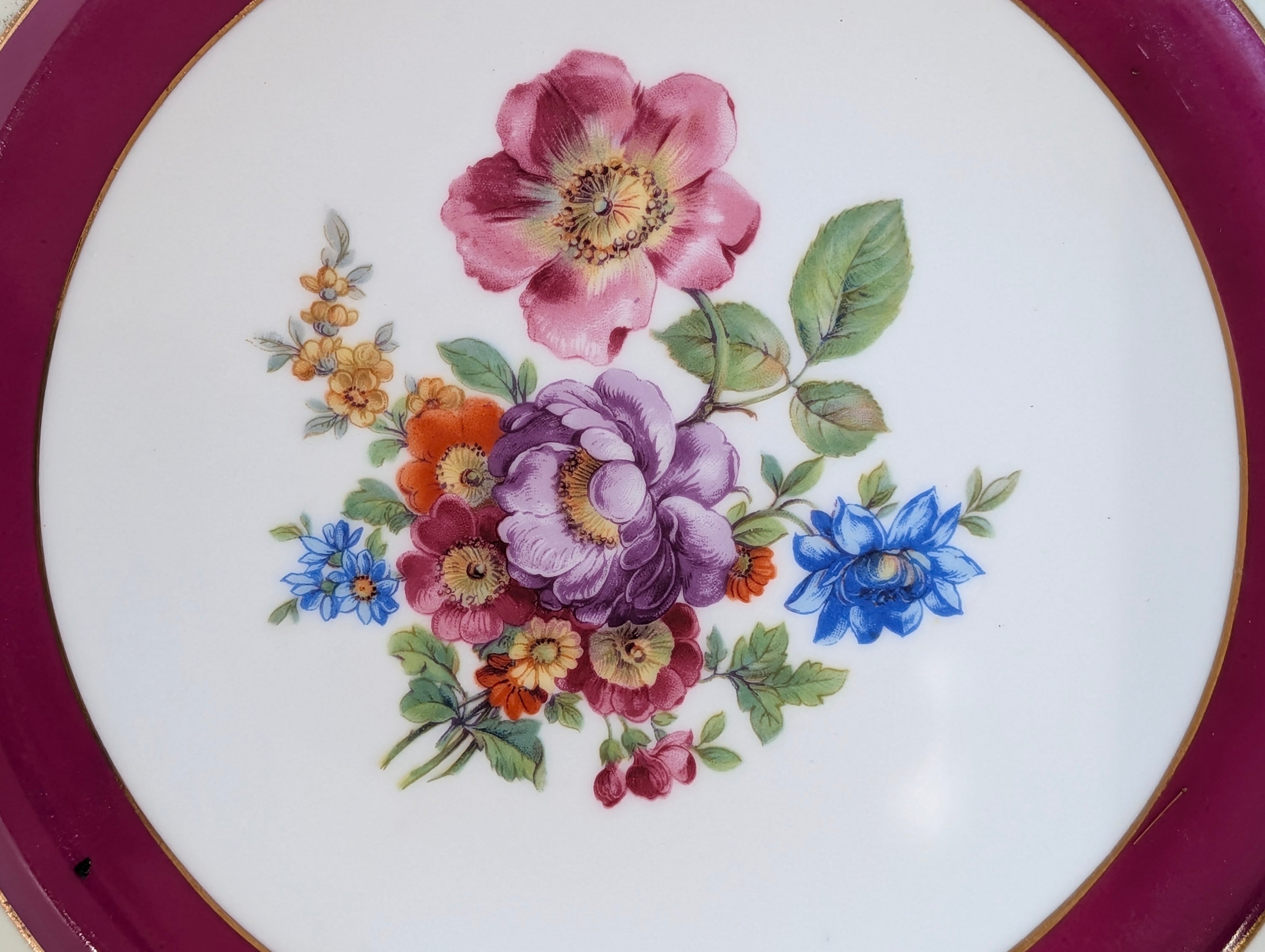 Czechoslovakia Porcelain Floral Plates Gold Gilt Pink Rim