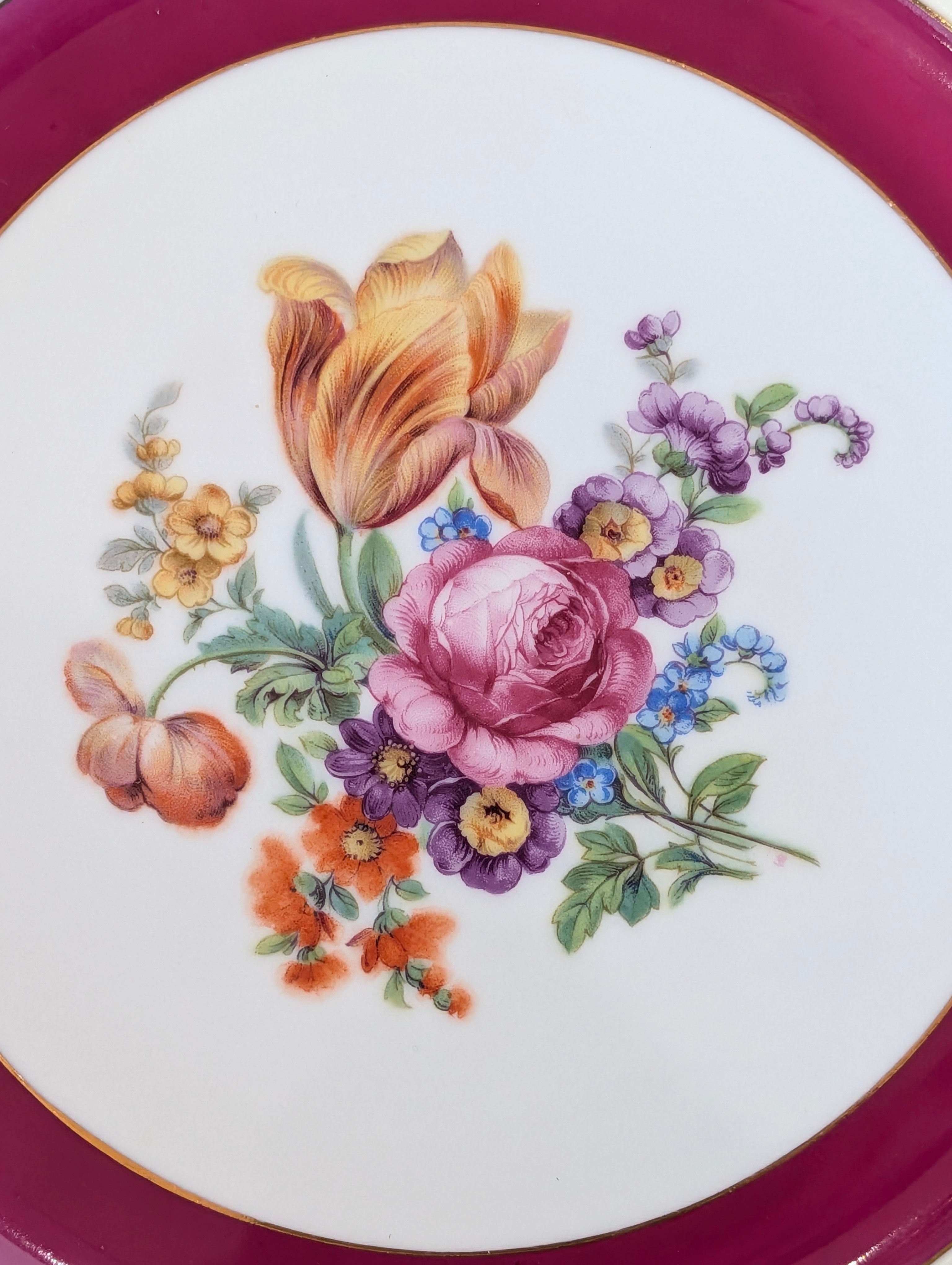 Czechoslovakia Porcelain Floral Plates Gold Gilt Pink Rim