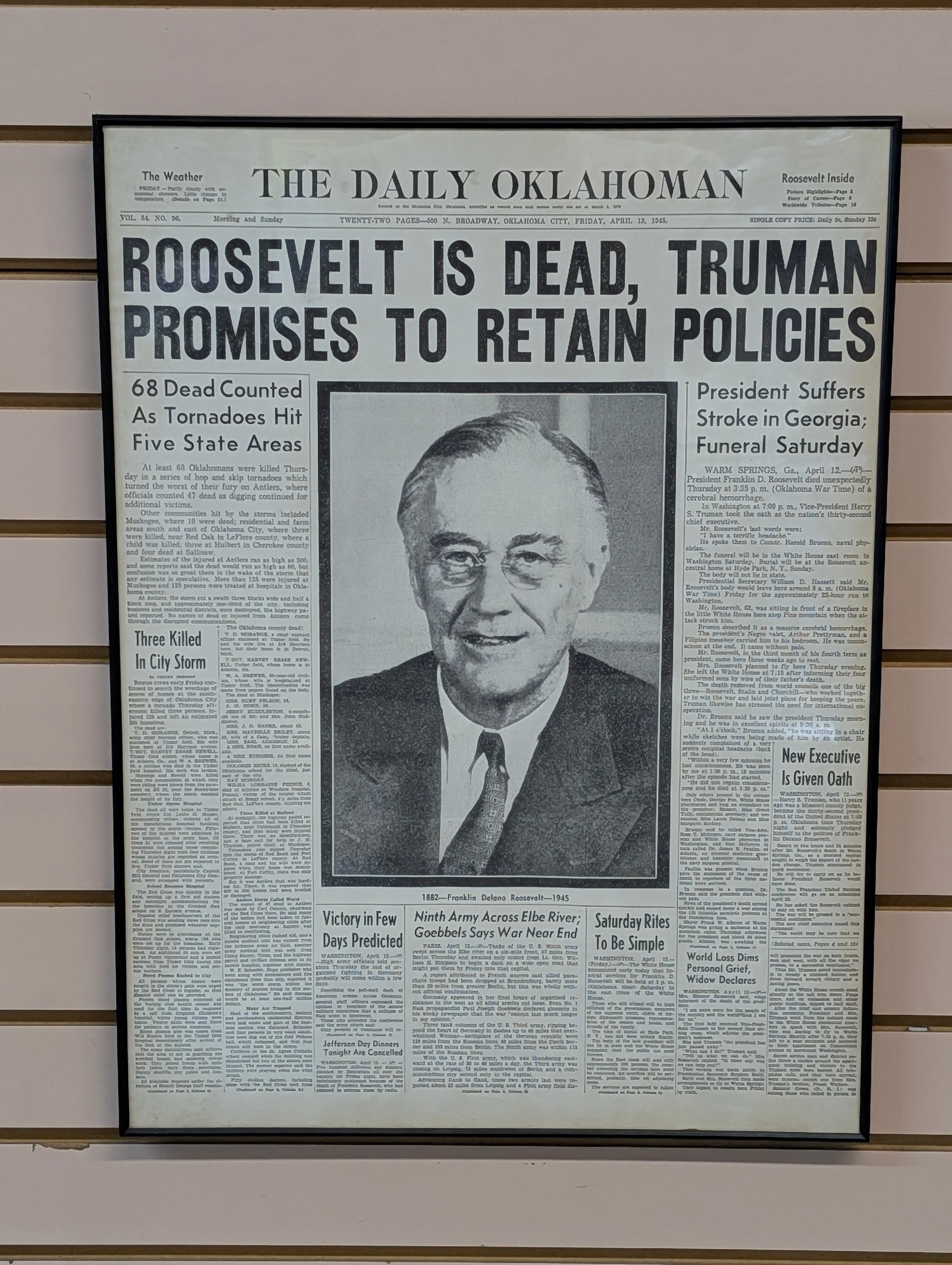 Roosevelt Newspaper - Vintage 1945 Daily Oklahoman Newspaper Roosevelt Death Framed Display WWII