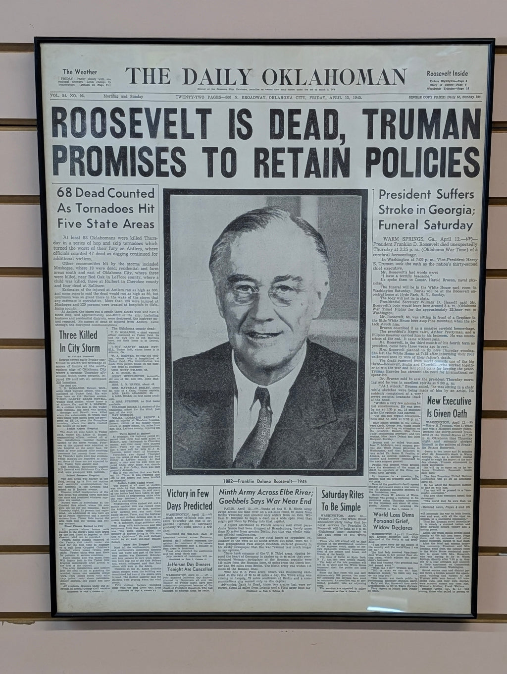 Roosevelt Newspaper - Vintage 1945 Daily Oklahoman Newspaper Roosevelt Death Framed Display WWII