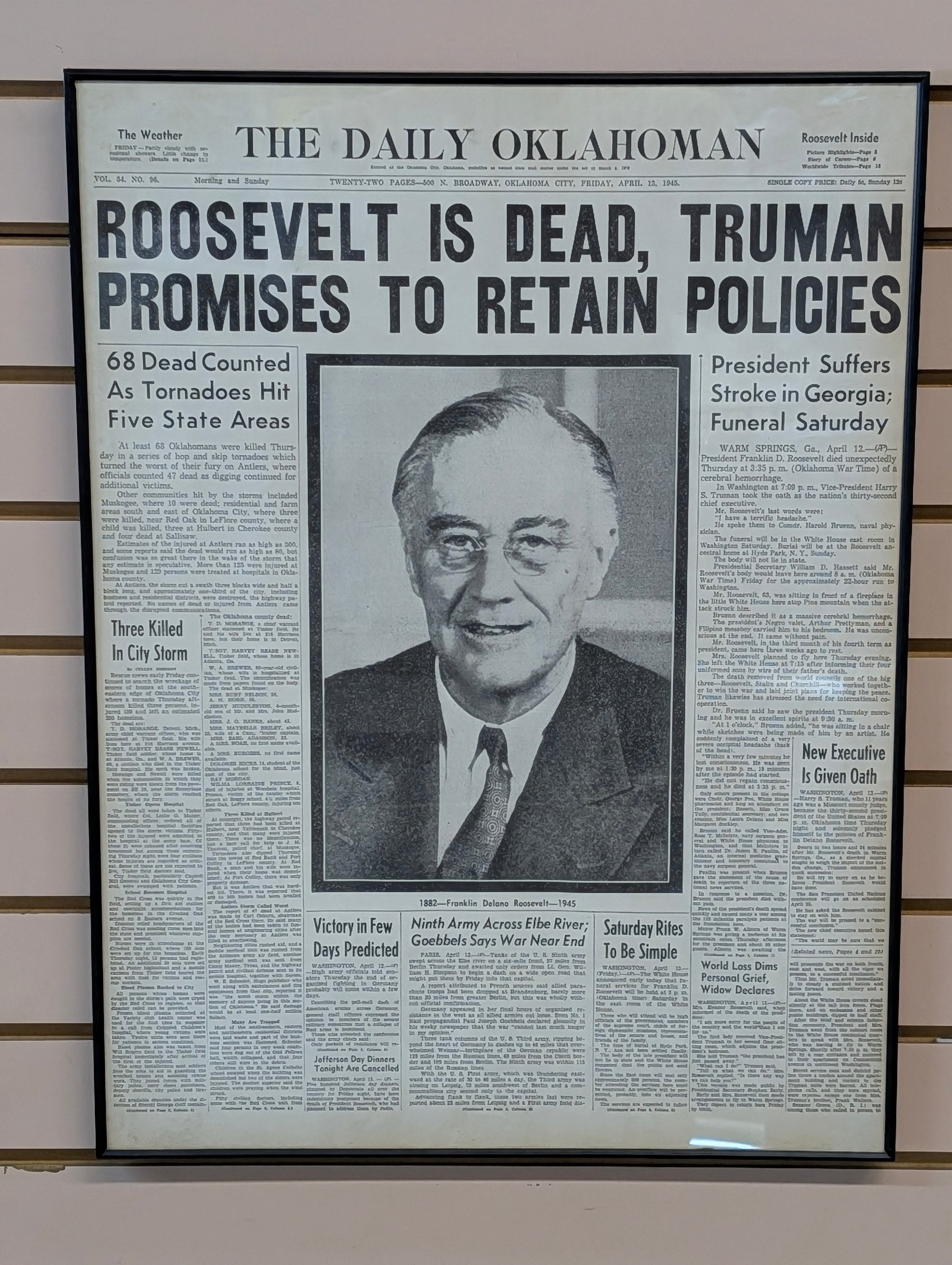 Roosevelt Newspaper - Vintage 1945 Daily Oklahoman Newspaper Roosevelt Death Framed Display WWII