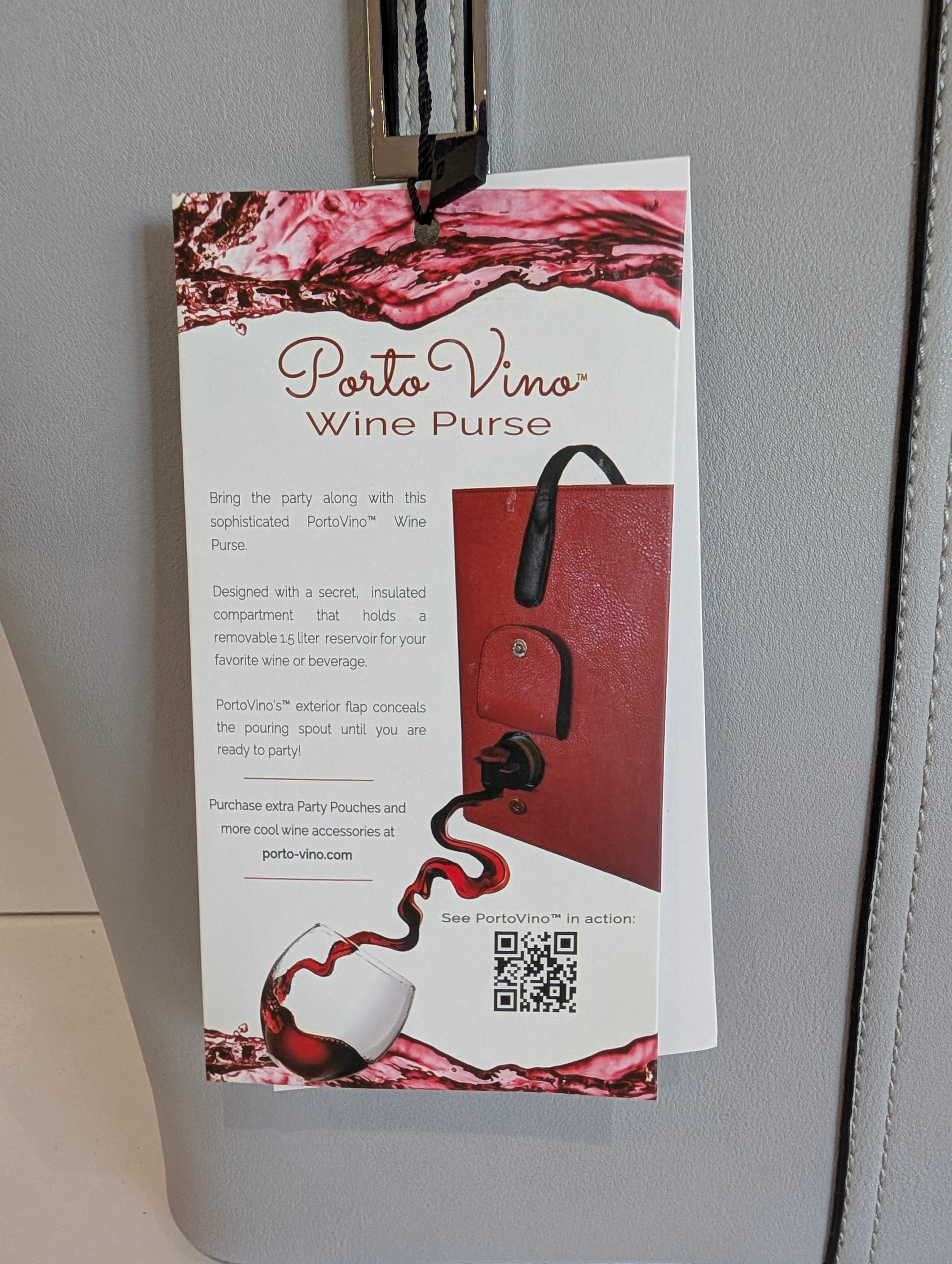 PortoVino Wine Purse Light Gray Insulated Hidden Spout Tote Bag Bella Vita