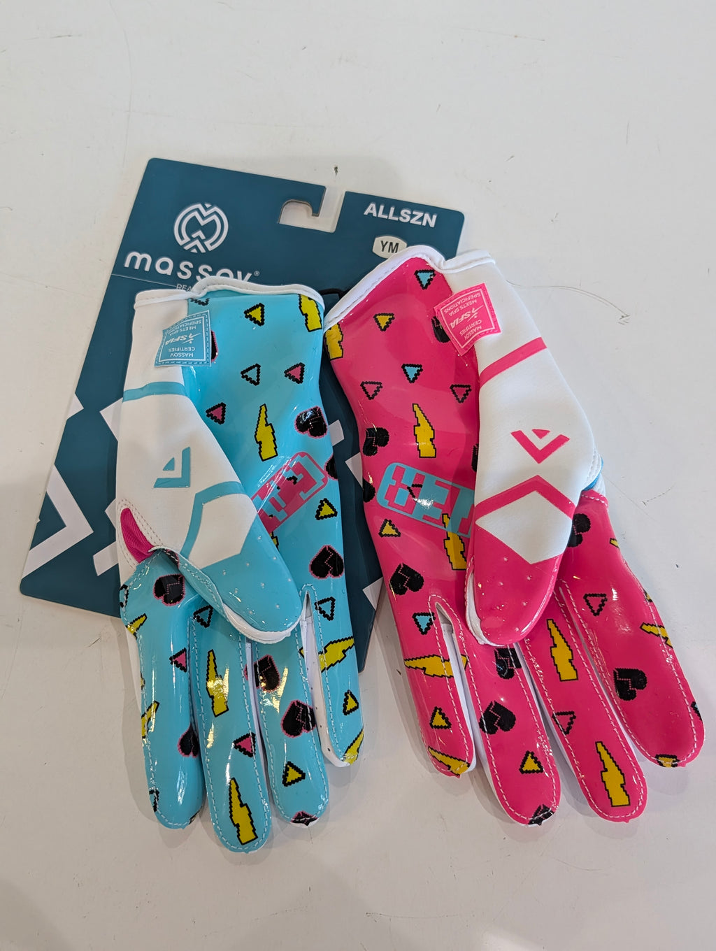 Massov Youth Medium Football Gloves Allszn Pink Blue Grip Receiver Gloves