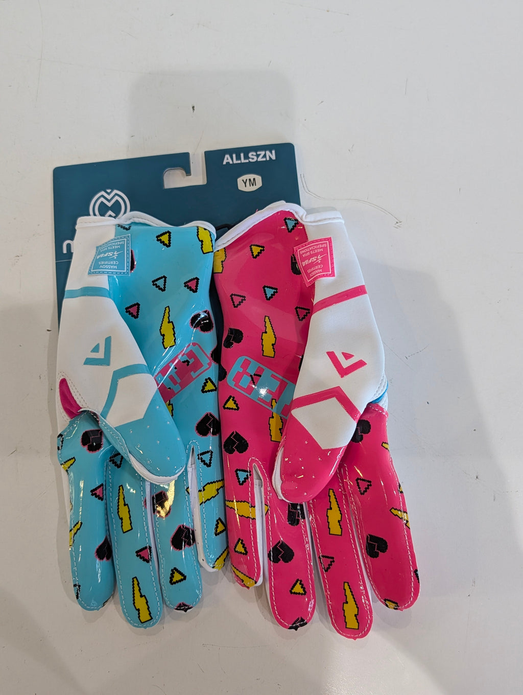 Massov Youth Medium Football Gloves Allszn Pink Blue Grip Receiver Gloves