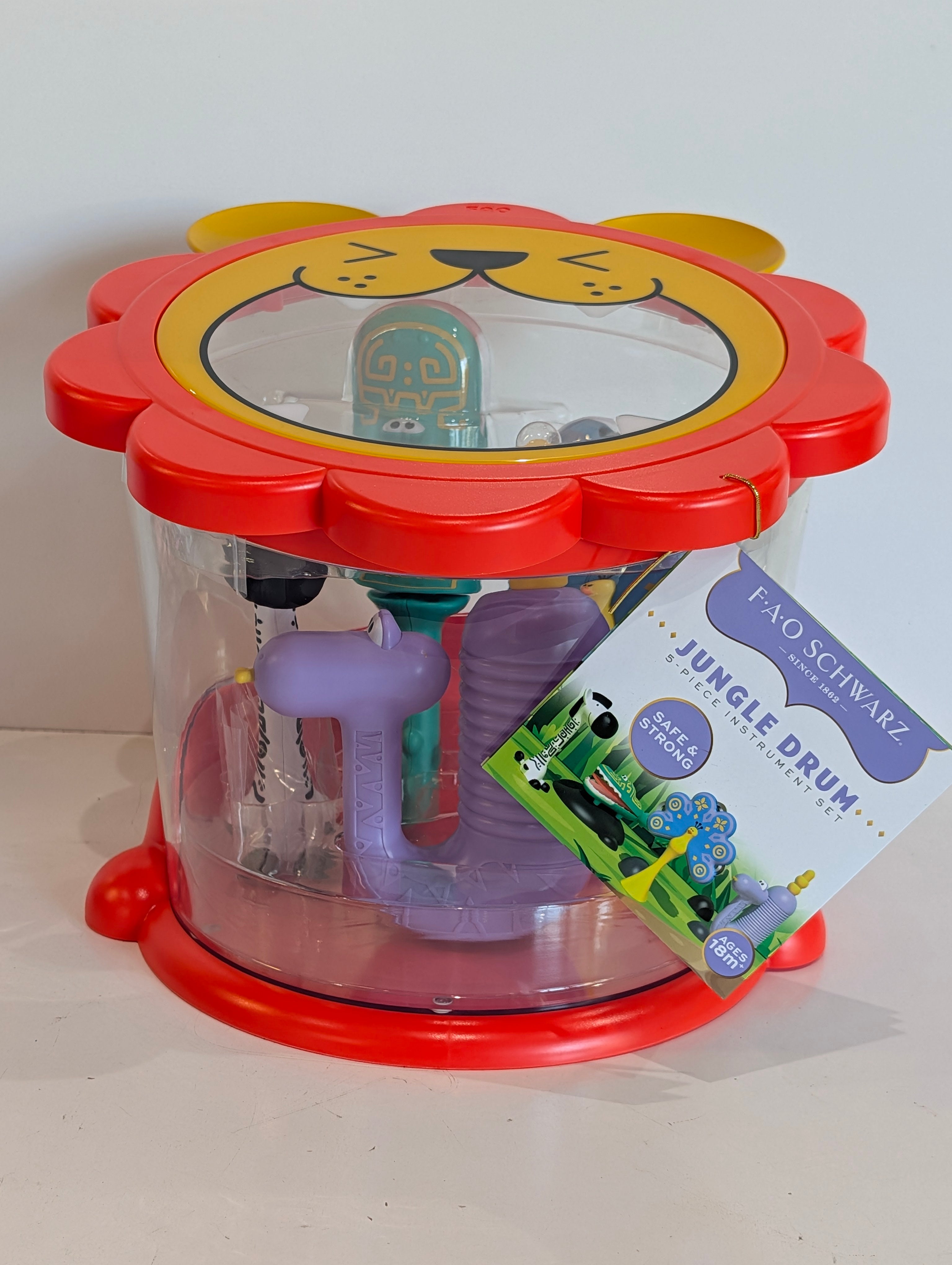 FAO Schwarz Jungle Drum 5 Piece Kids Musical Instrument Set Lion Design Toy