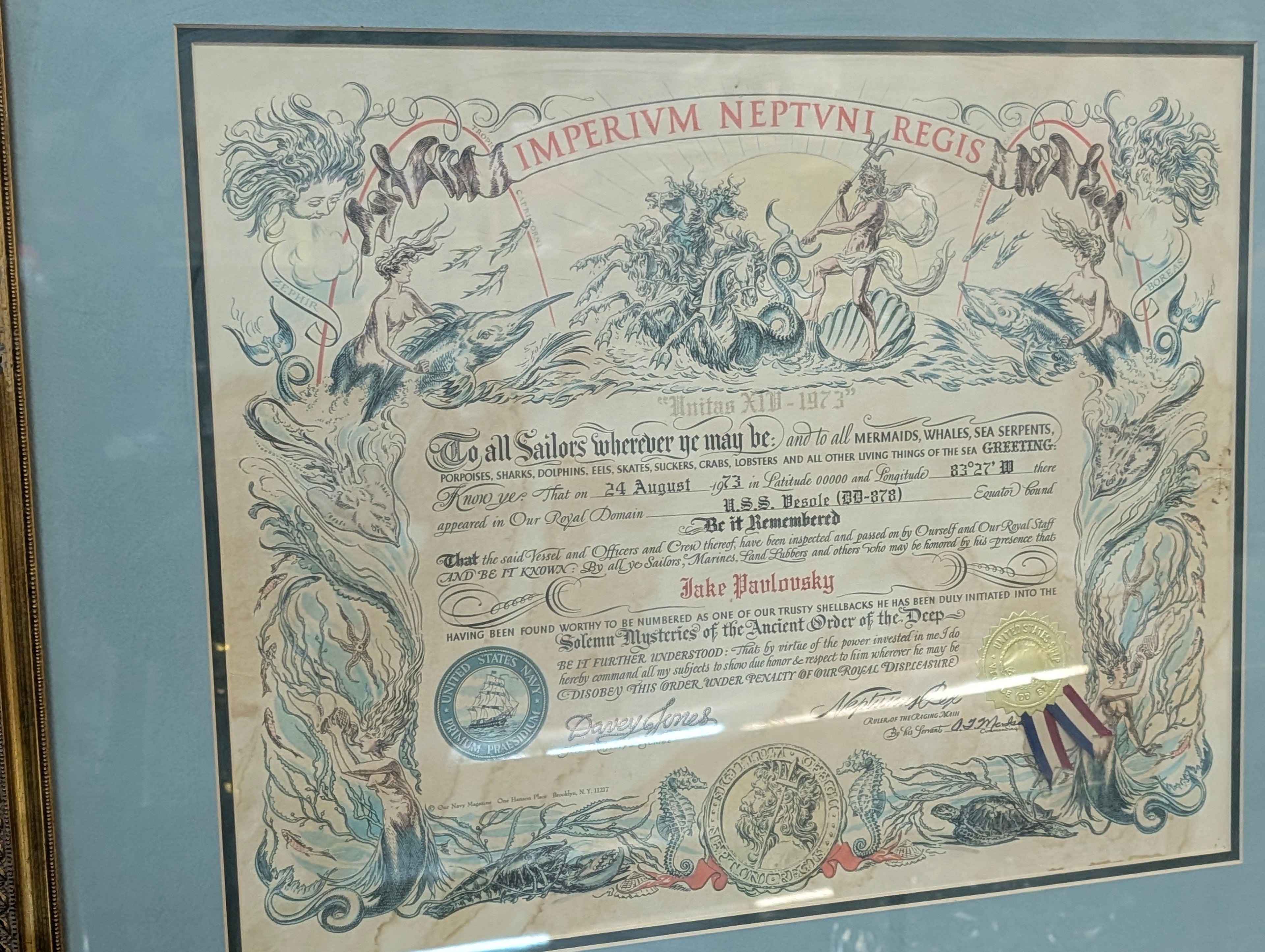 Vintage USS Vesole Shellback Certificate 1973 Framed Navy Order Of The Deep