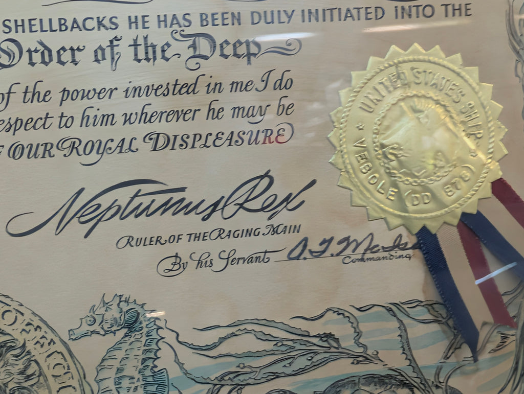 Vintage USS Vesole Shellback Certificate 1973 Framed Navy Order Of The Deep