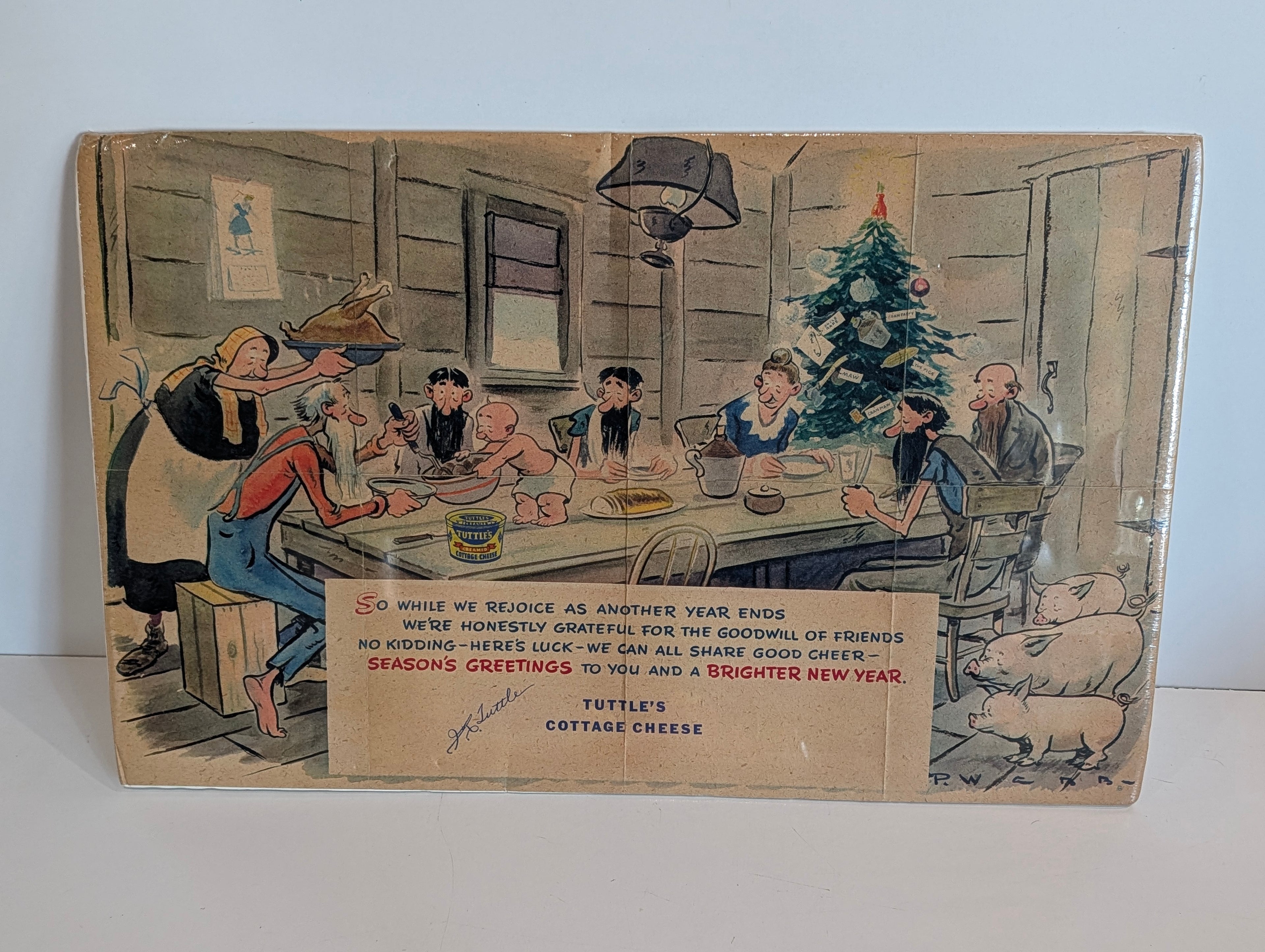 Vintage Tuttle's Cottage Cheese Advertising Holiday Card Cartoon Farm Scene