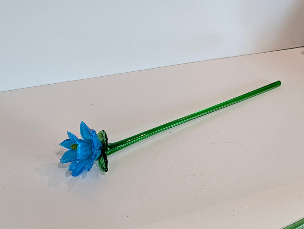 Hand Blown Blue Glass Flower Stem Figurine Art Glass Long Green Stem Decor Piece