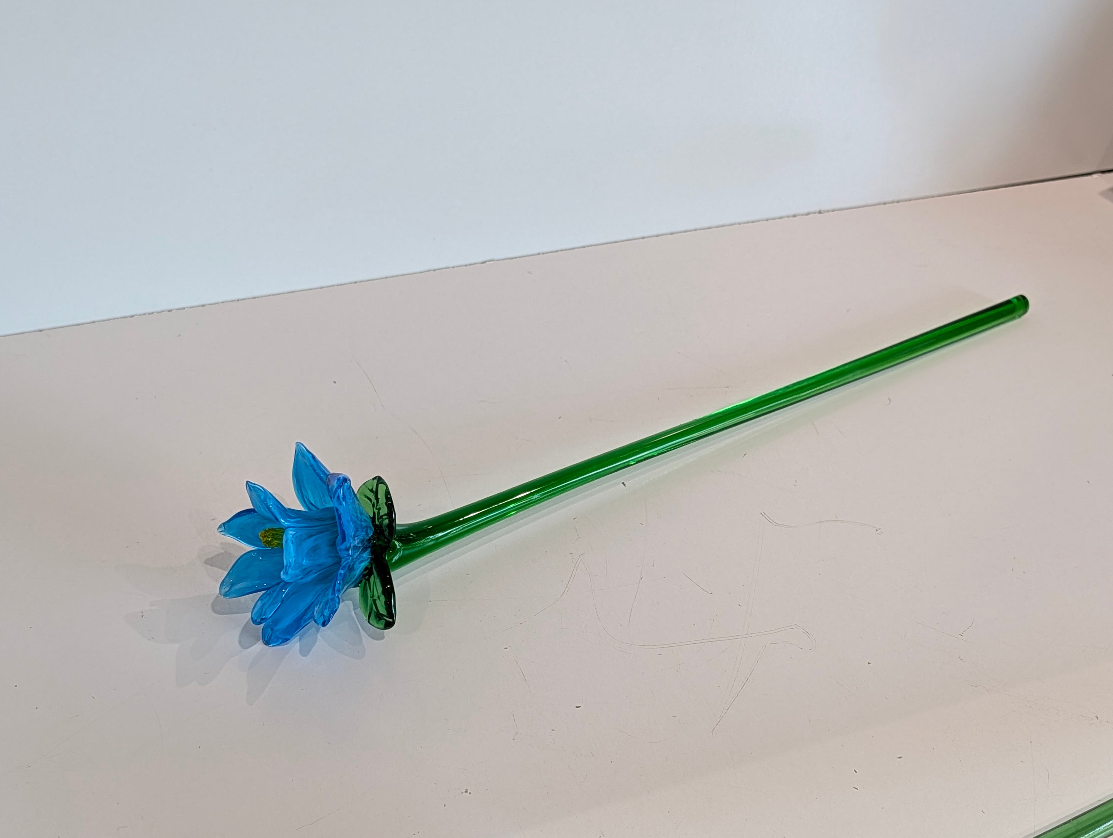 Hand Blown Blue Glass Flower Stem Figurine Art Glass Long Green Stem Decor Piece