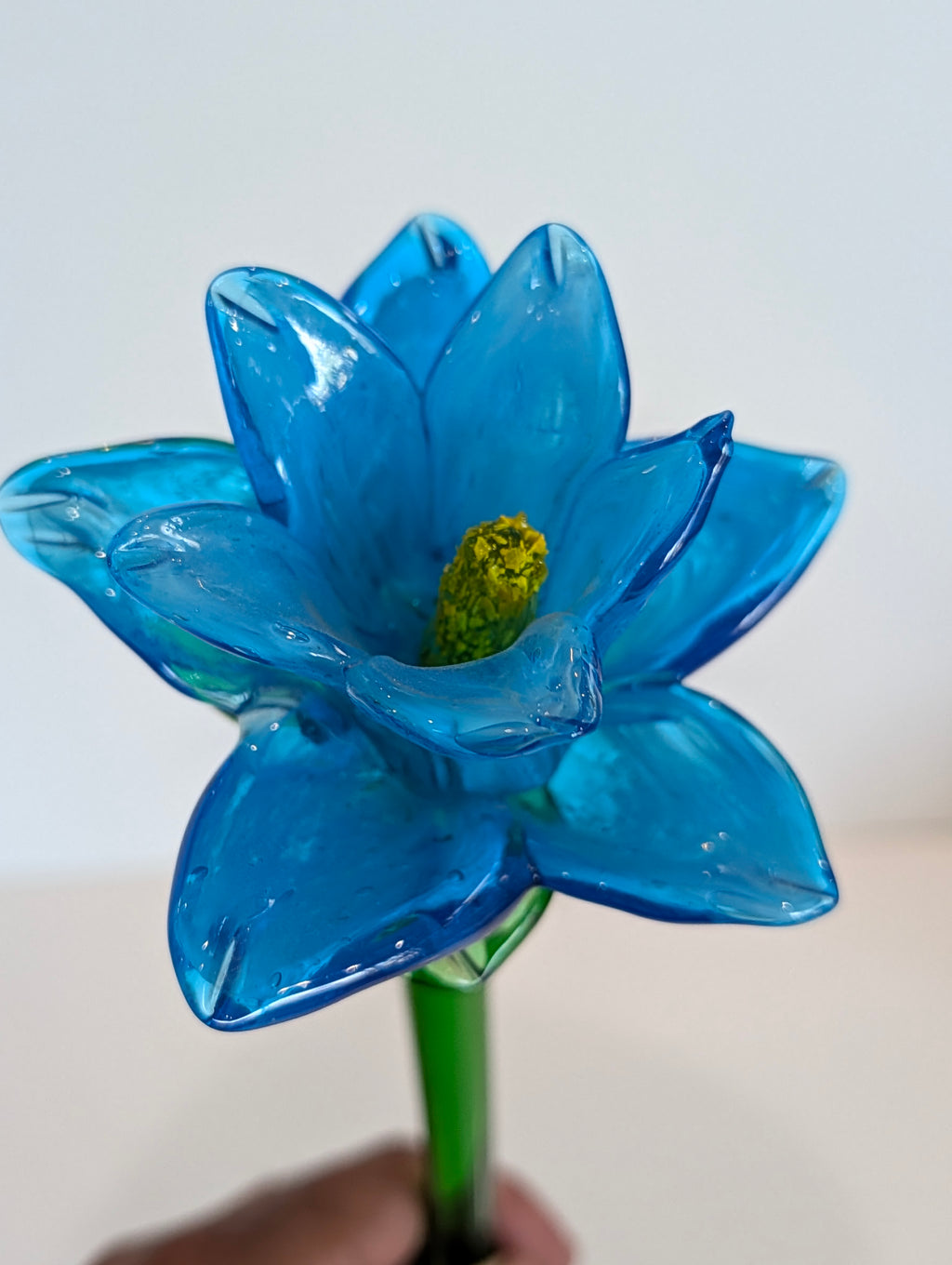 Hand Blown Blue Glass Flower Stem Figurine Art Glass Long Green Stem Decor Piece