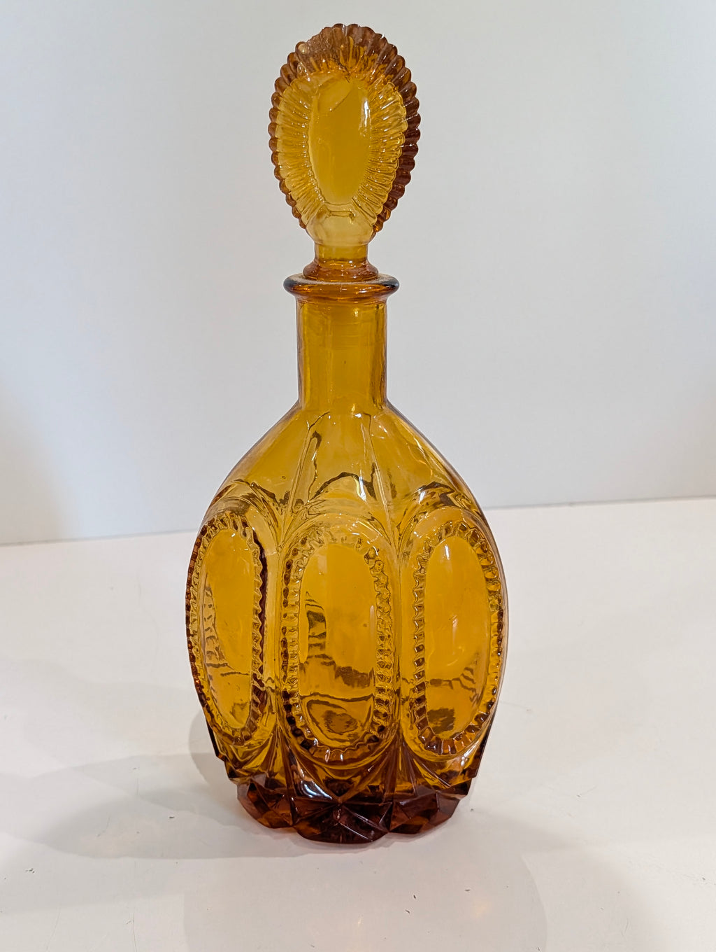 Vintage Amber Glass Decanter Bottle With Stopper Oval Panel Pattern Barware