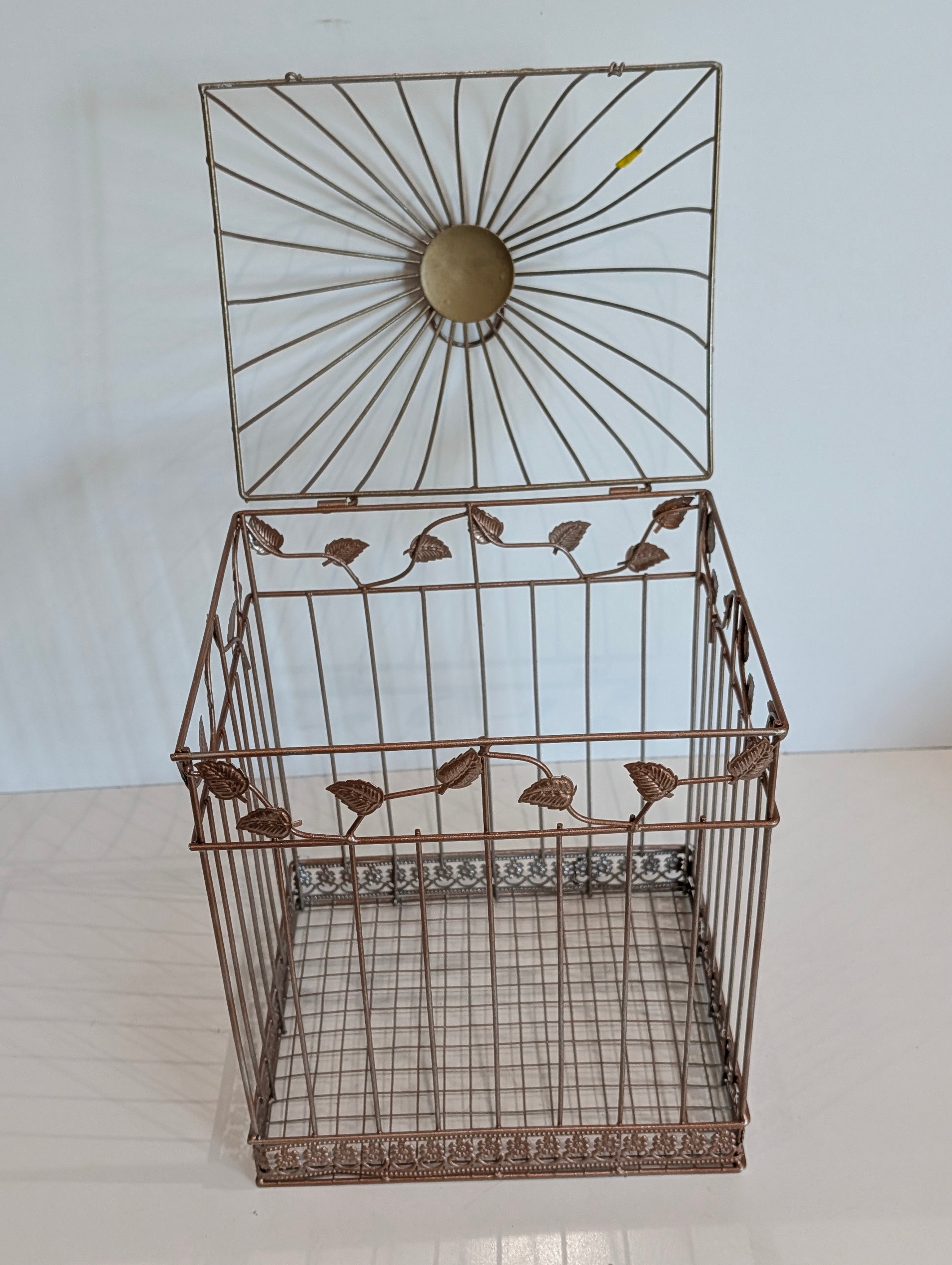 Vintage Decorative Metal Birdcage Storage Box Hinged Lid Leaf Design Decor