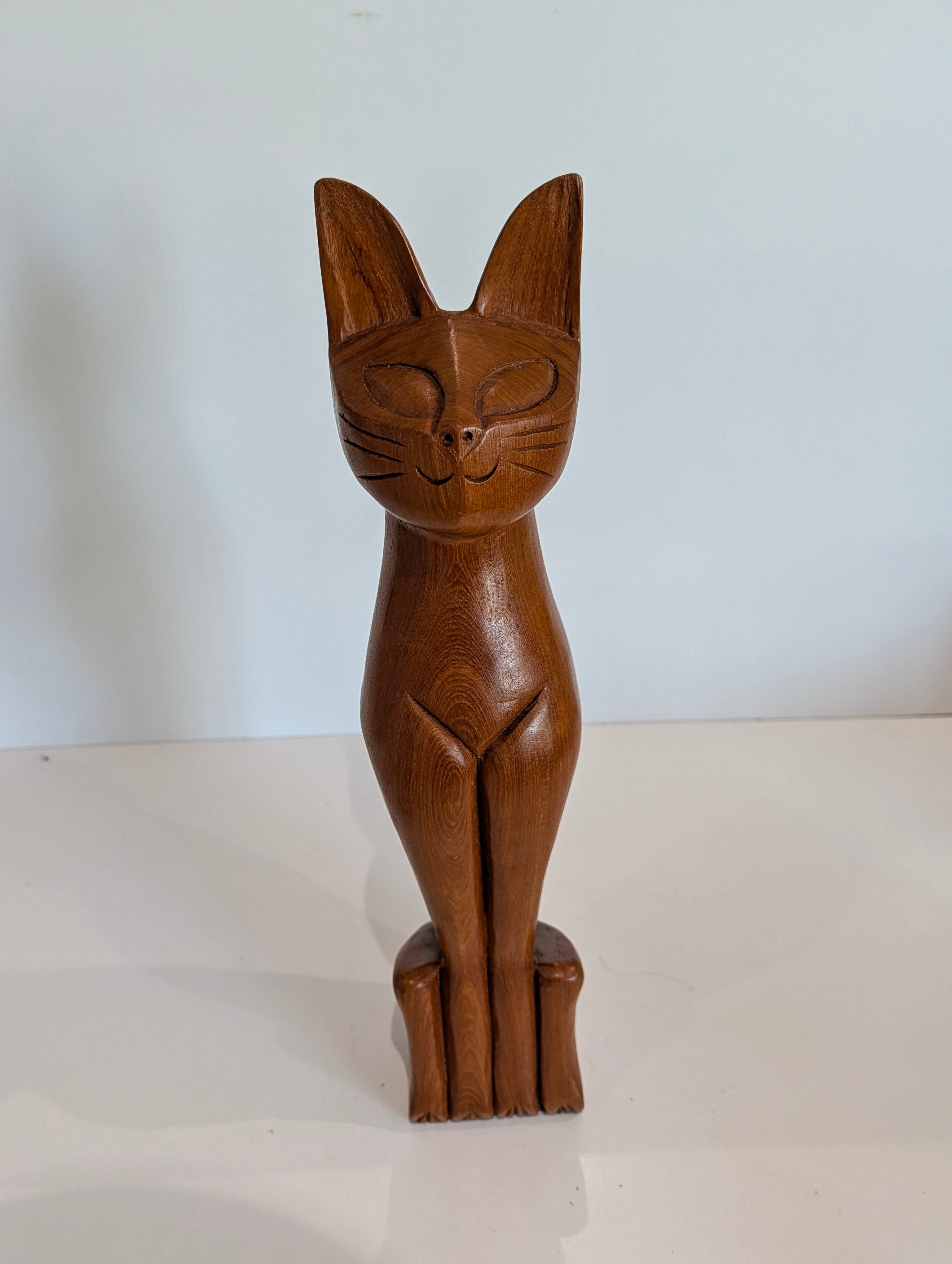 Vintage Hand Carved Wooden Cat Statue Mid Century Modern Style Sculpture Decor