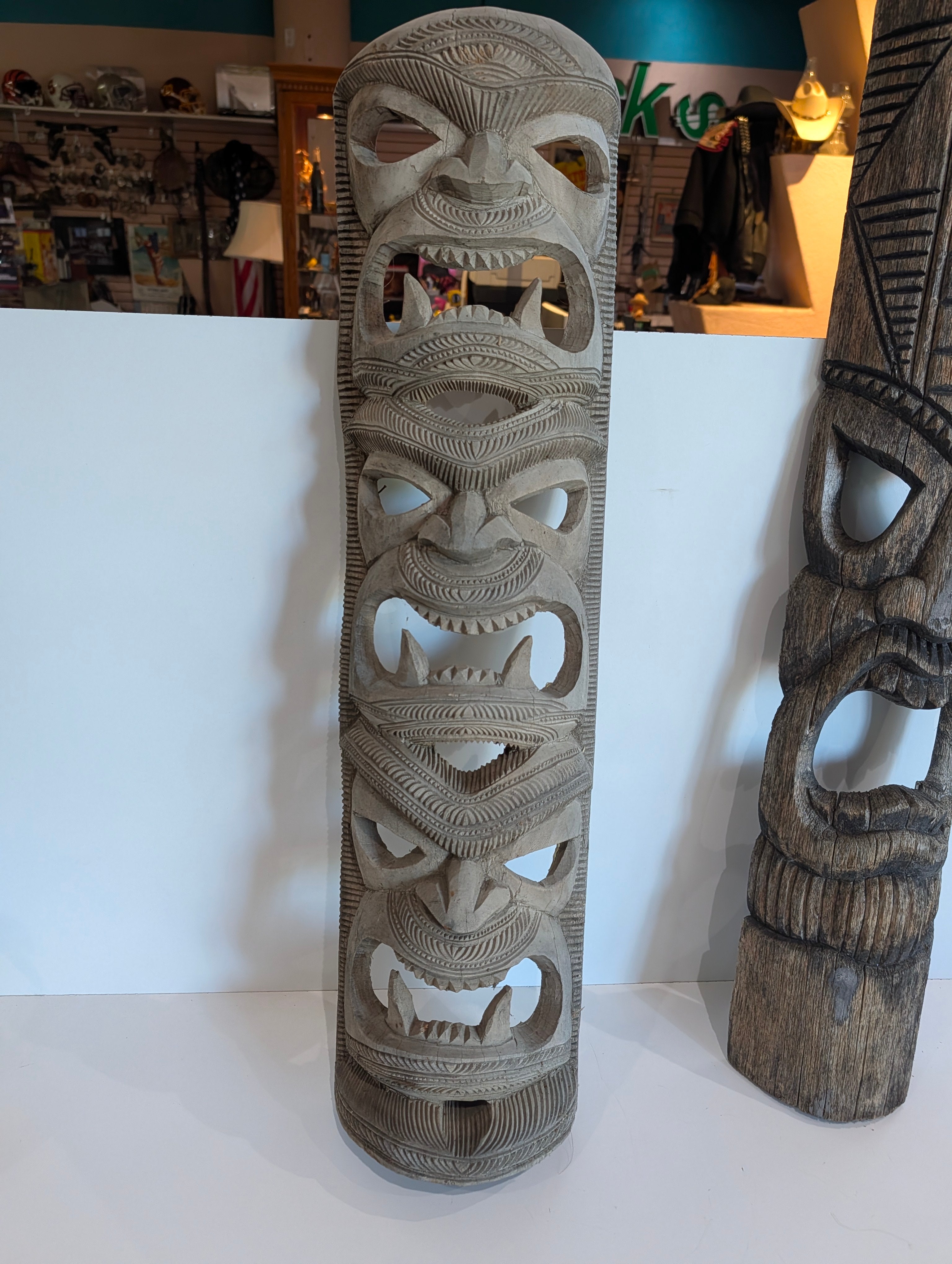 Vintage Hand Carved Wooden Tiki Mask Multi Face Tribal Wall Decor Polynesian