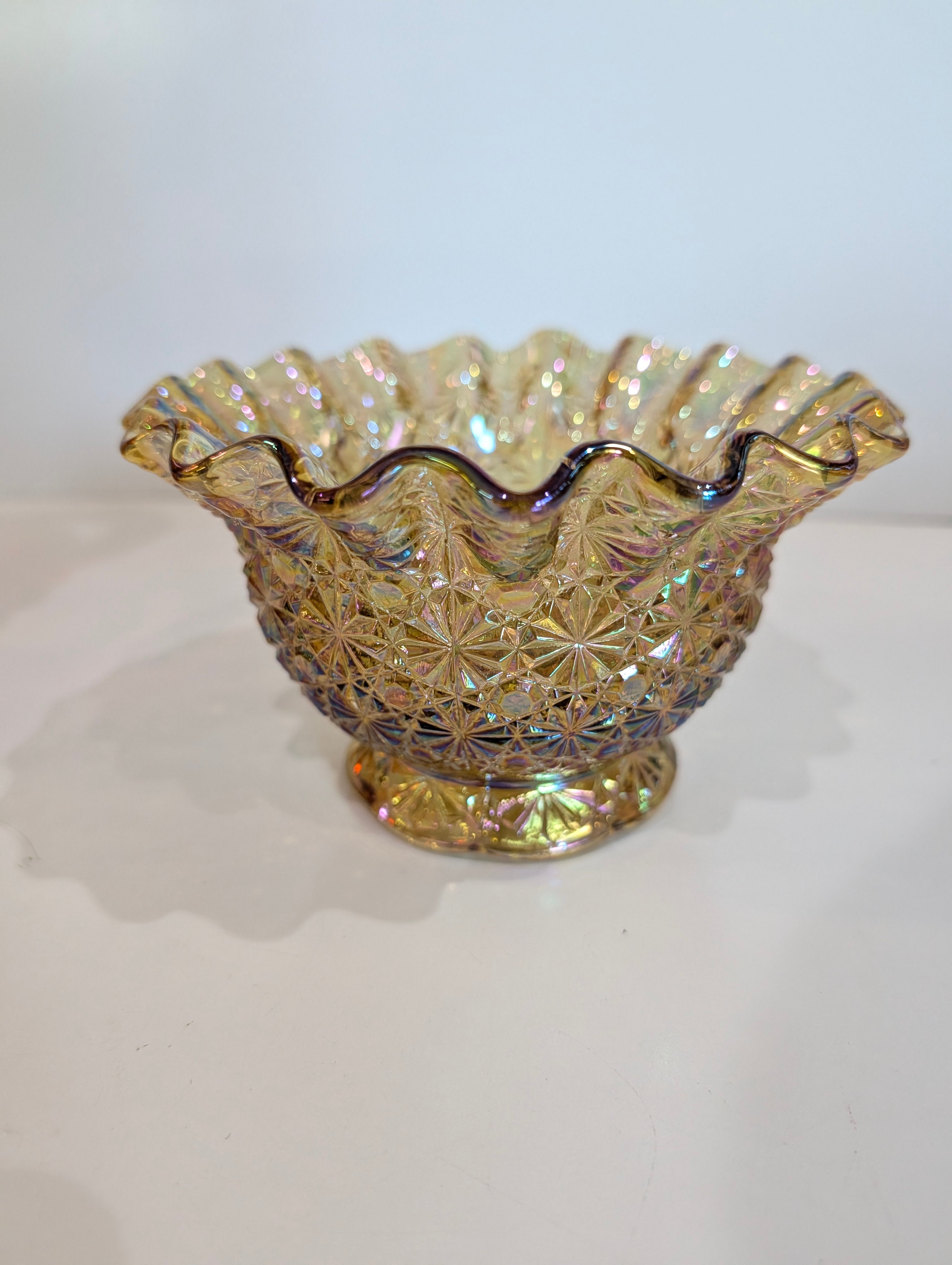 Vintage Carnival Glass Footed Bowl Iridescent Marigold Daisy Pattern Ruffled