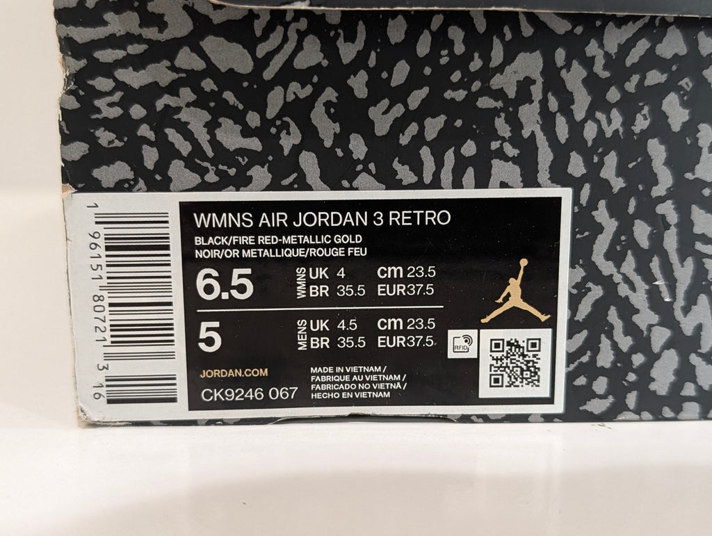 Nike WMNS Air Jordan 3 Retro Black Fire Red Metallic Gold Size 6.5 CK9246-067