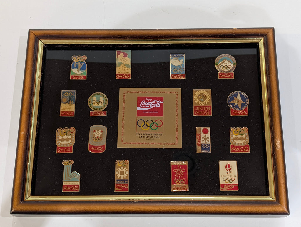 Vintage Coca Cola Olympic Winter Games 16th Anniversary Pin Set Framed Display