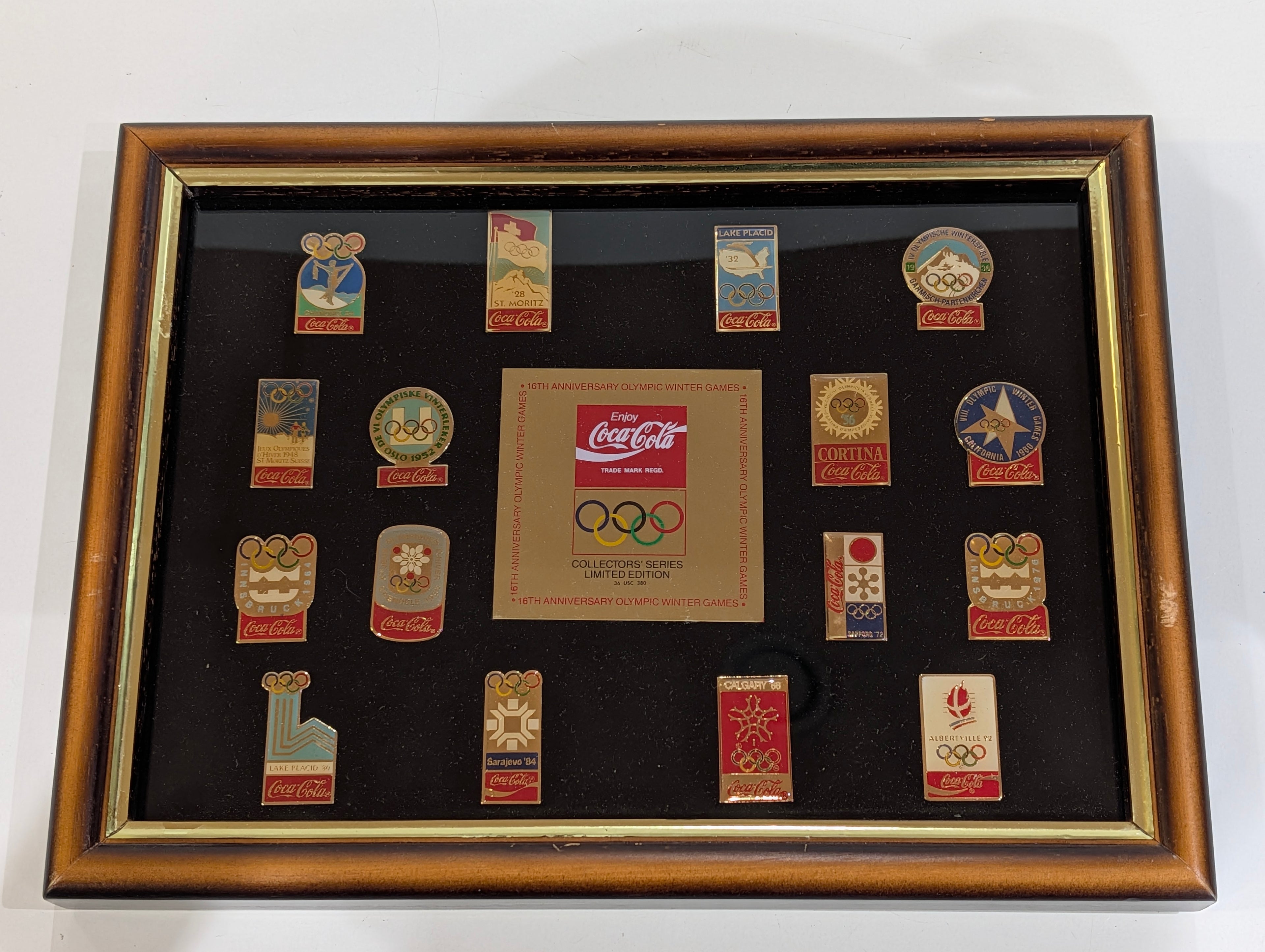 Vintage Coca Cola Olympic Winter Games 16th Anniversary Pin Set Framed Display