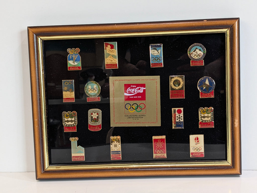 Vintage Coca Cola Olympic Winter Games 16th Anniversary Pin Set Framed Display