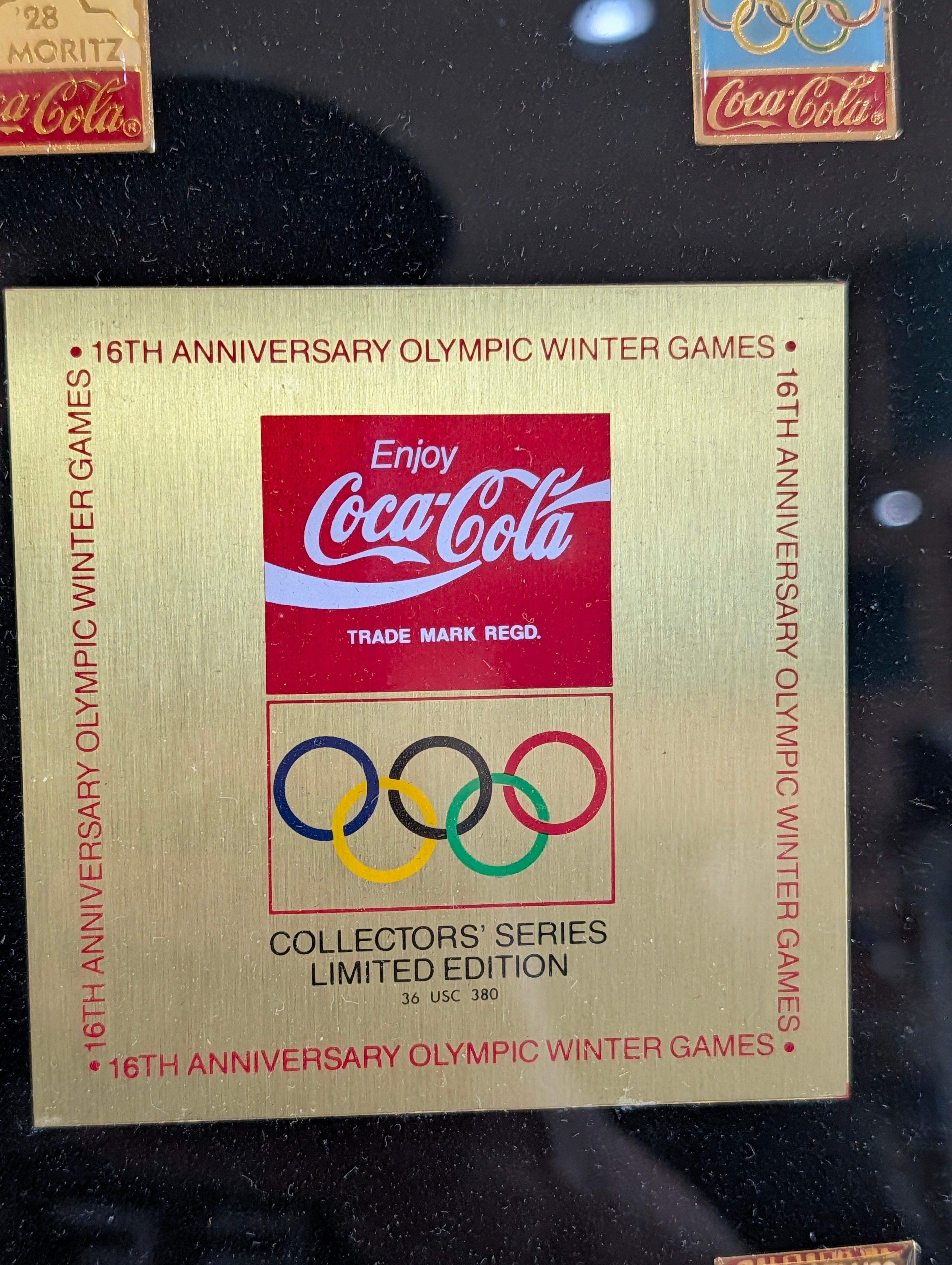 Vintage Coca Cola Olympic Winter Games 16th Anniversary Pin Set Framed Display