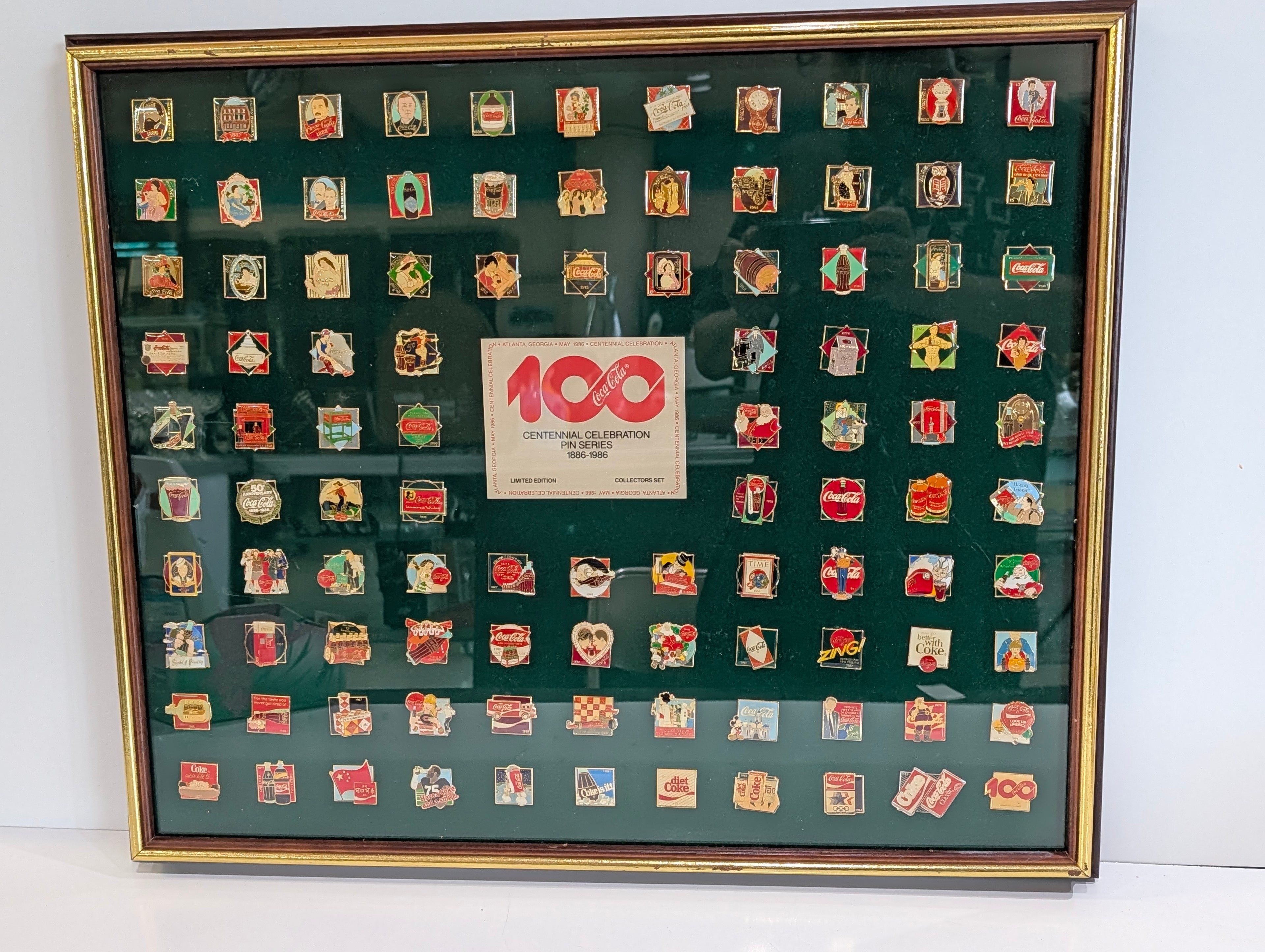 Vintage Coca Cola 100 Centennial 1886-1986 Pin Collection Framed Display Set