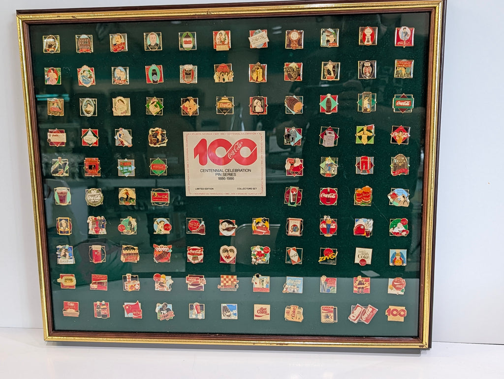Vintage Coca Cola 100 Centennial 1886-1986 Pin Collection Framed Display Set