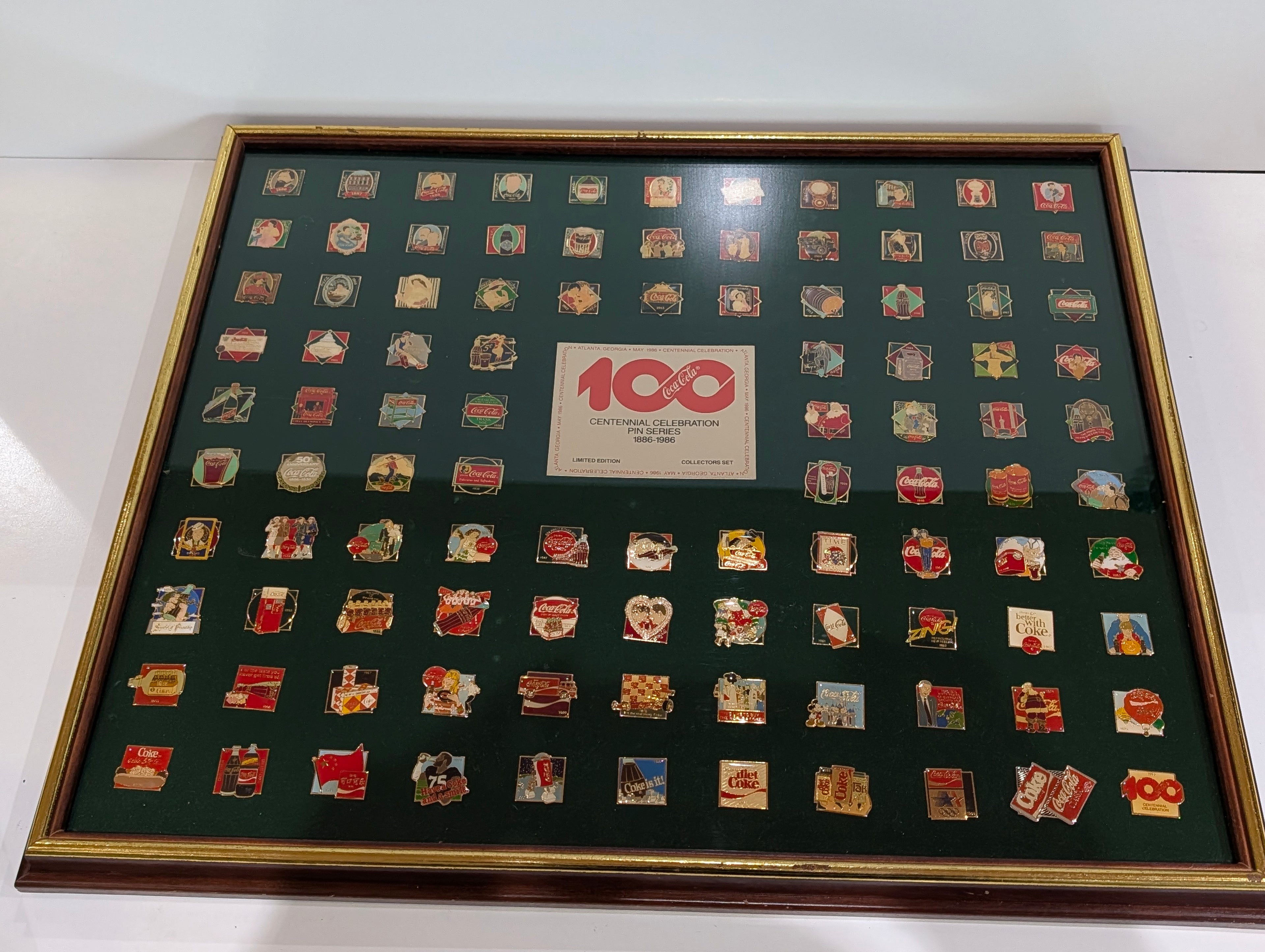 Vintage Coca Cola 100 Centennial 1886-1986 Pin Collection Framed Display Set