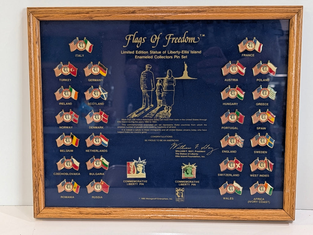 Vintage 1985 Flags Of Freedom Statue Of Liberty Pin Set Framed Display Collectible