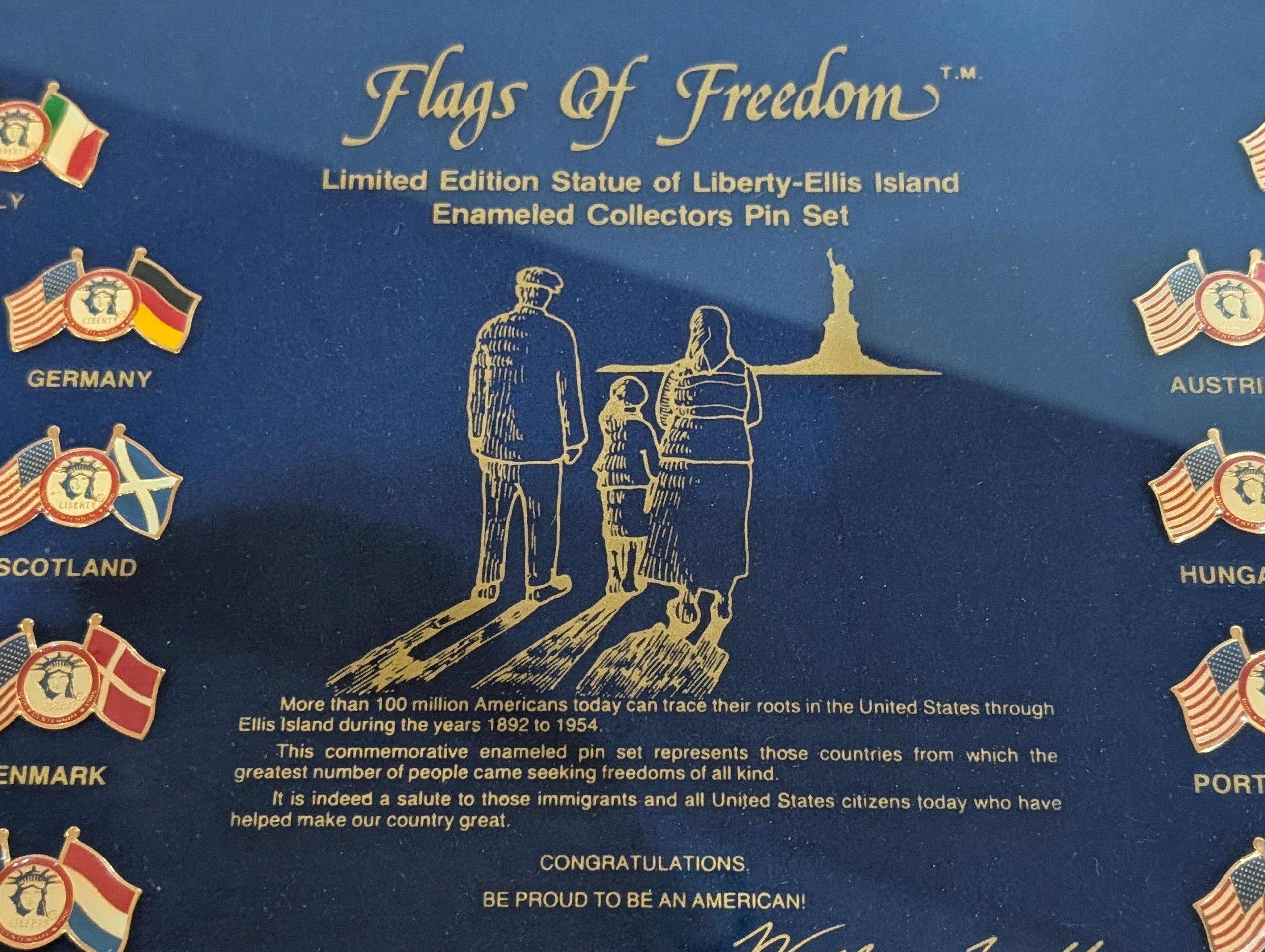 Vintage 1985 Flags Of Freedom Statue Of Liberty Pin Set Framed Display Collectible
