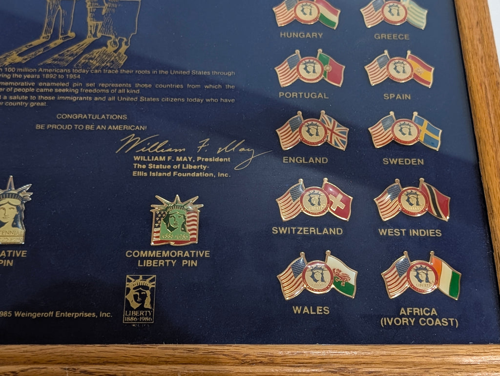 Vintage 1985 Flags Of Freedom Statue Of Liberty Pin Set Framed Display Collectible