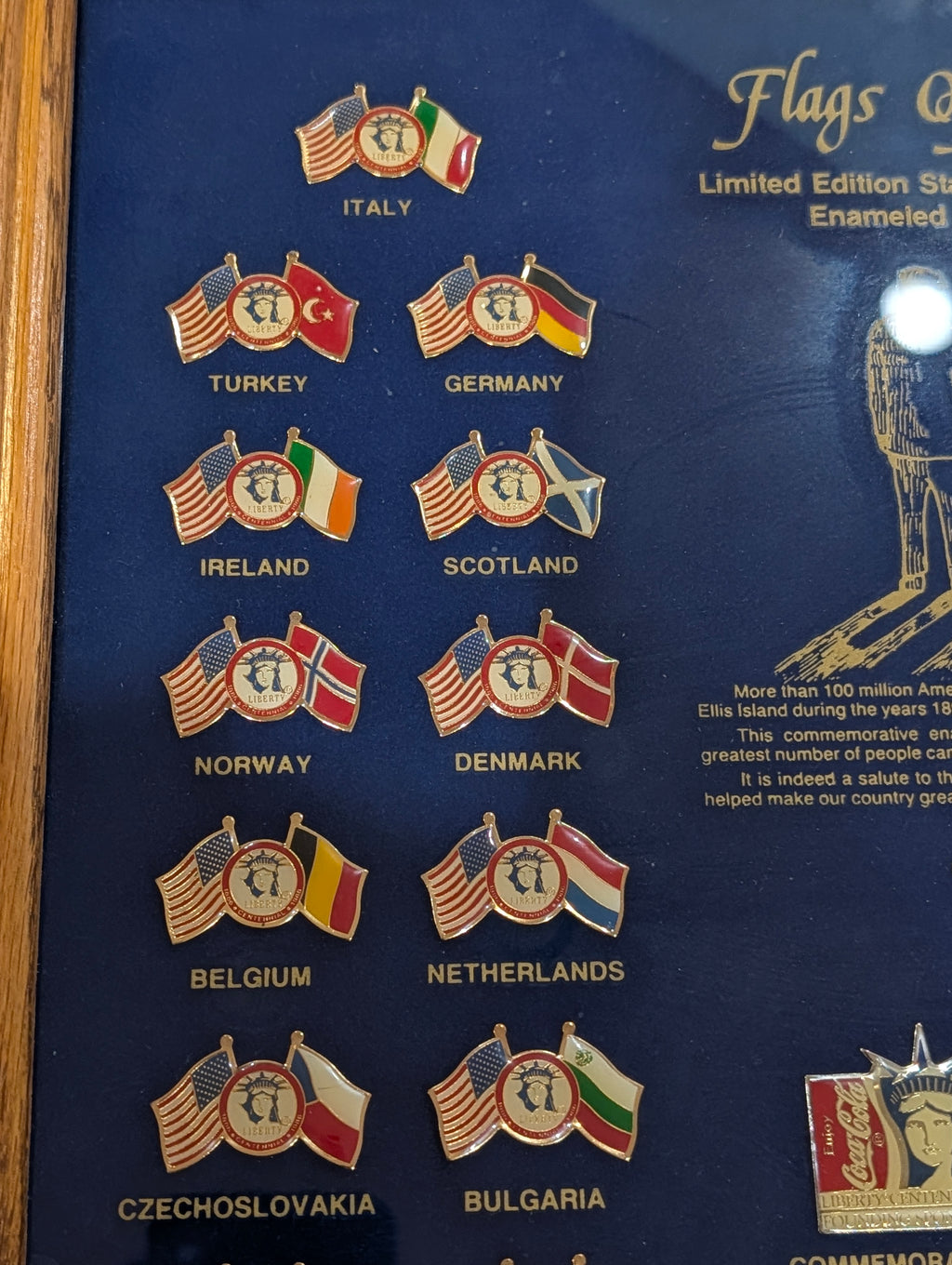 Vintage 1985 Flags Of Freedom Statue Of Liberty Pin Set Framed Display Collectible