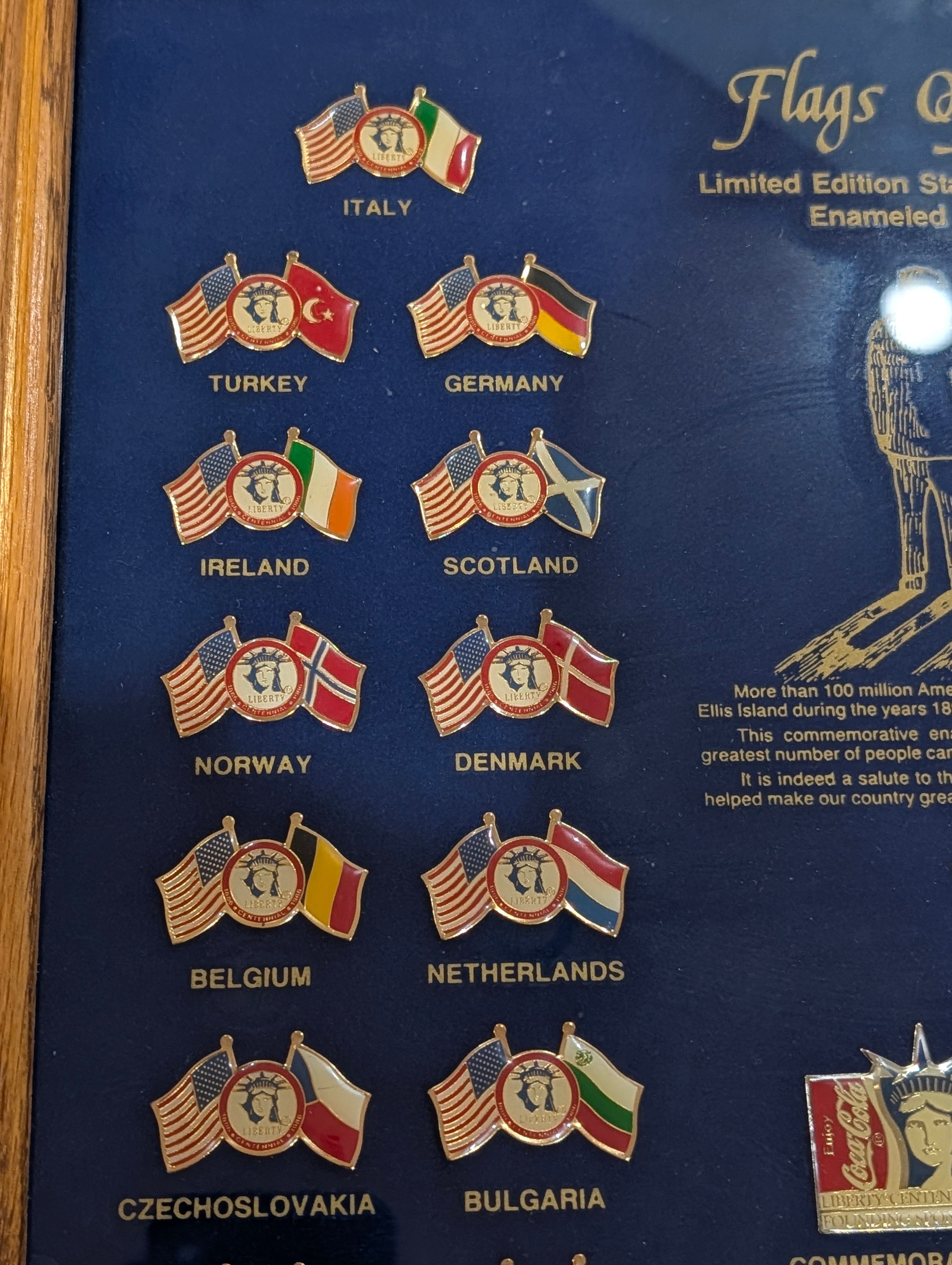 Vintage 1985 Flags Of Freedom Statue Of Liberty Pin Set Framed Display Collectible
