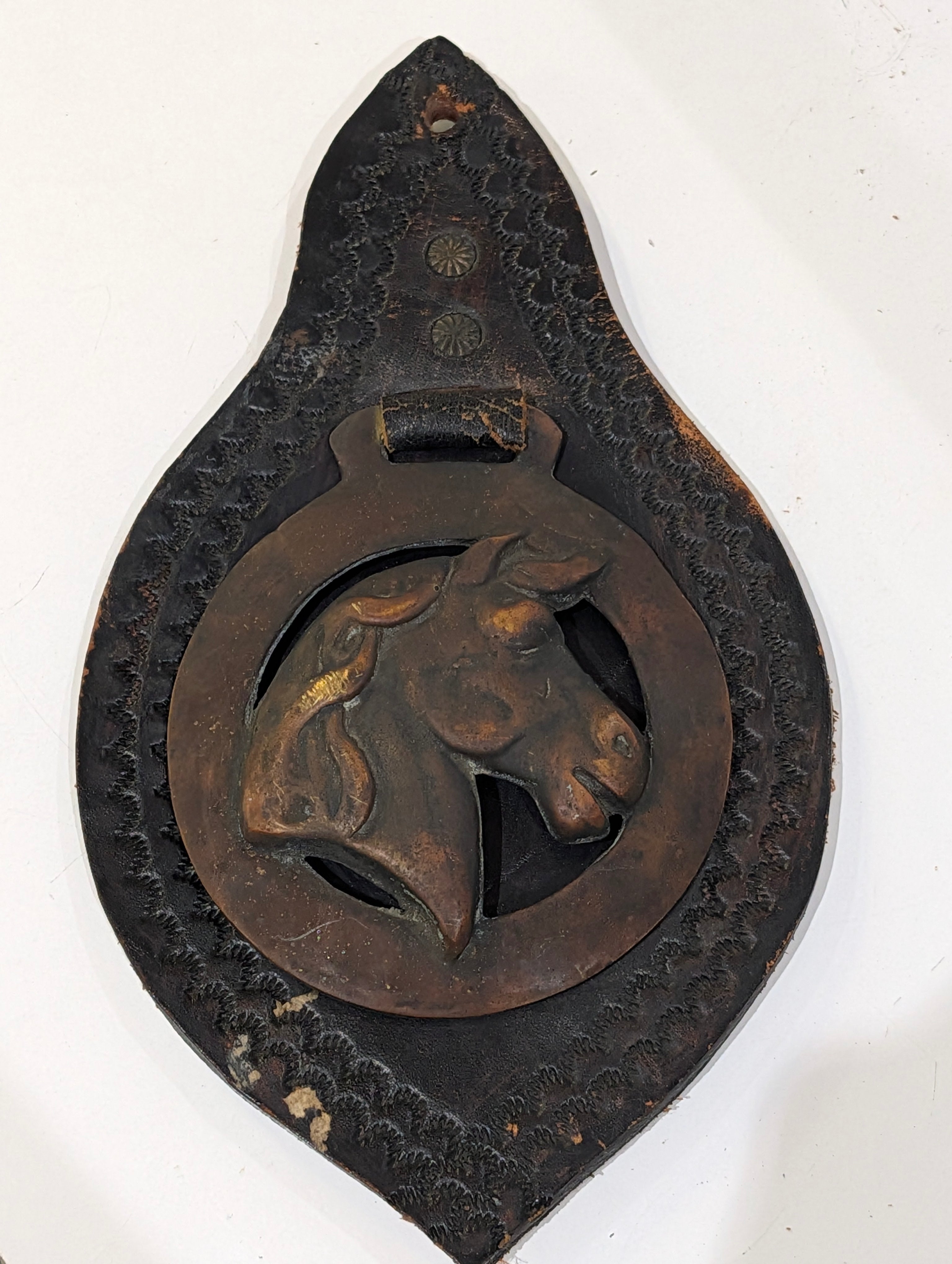 Vintage Horse Head Brass Door Knocker Leather Backing Rustic Western Decor