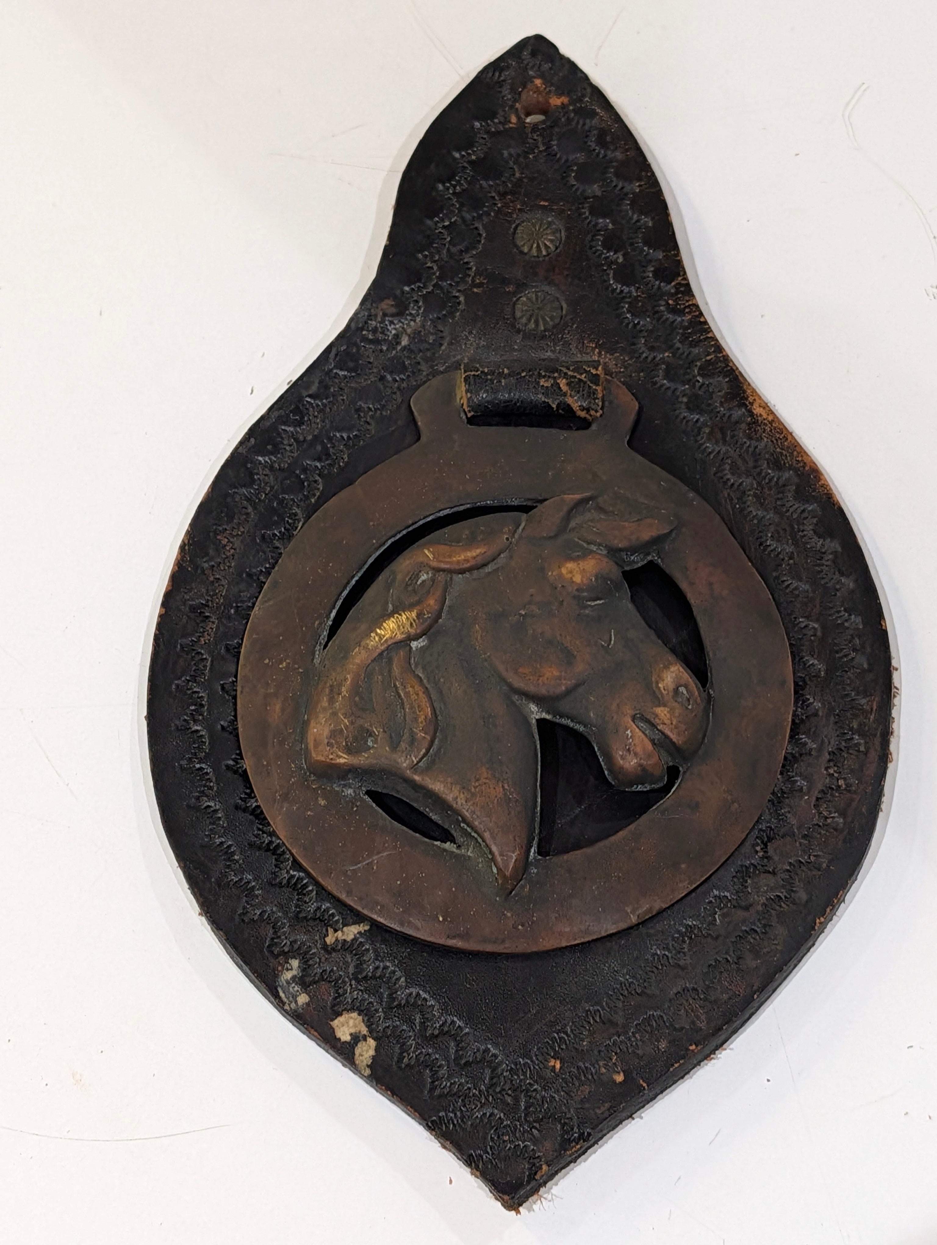 Vintage Horse Head Brass Door Knocker Leather Backing Rustic Western Decor