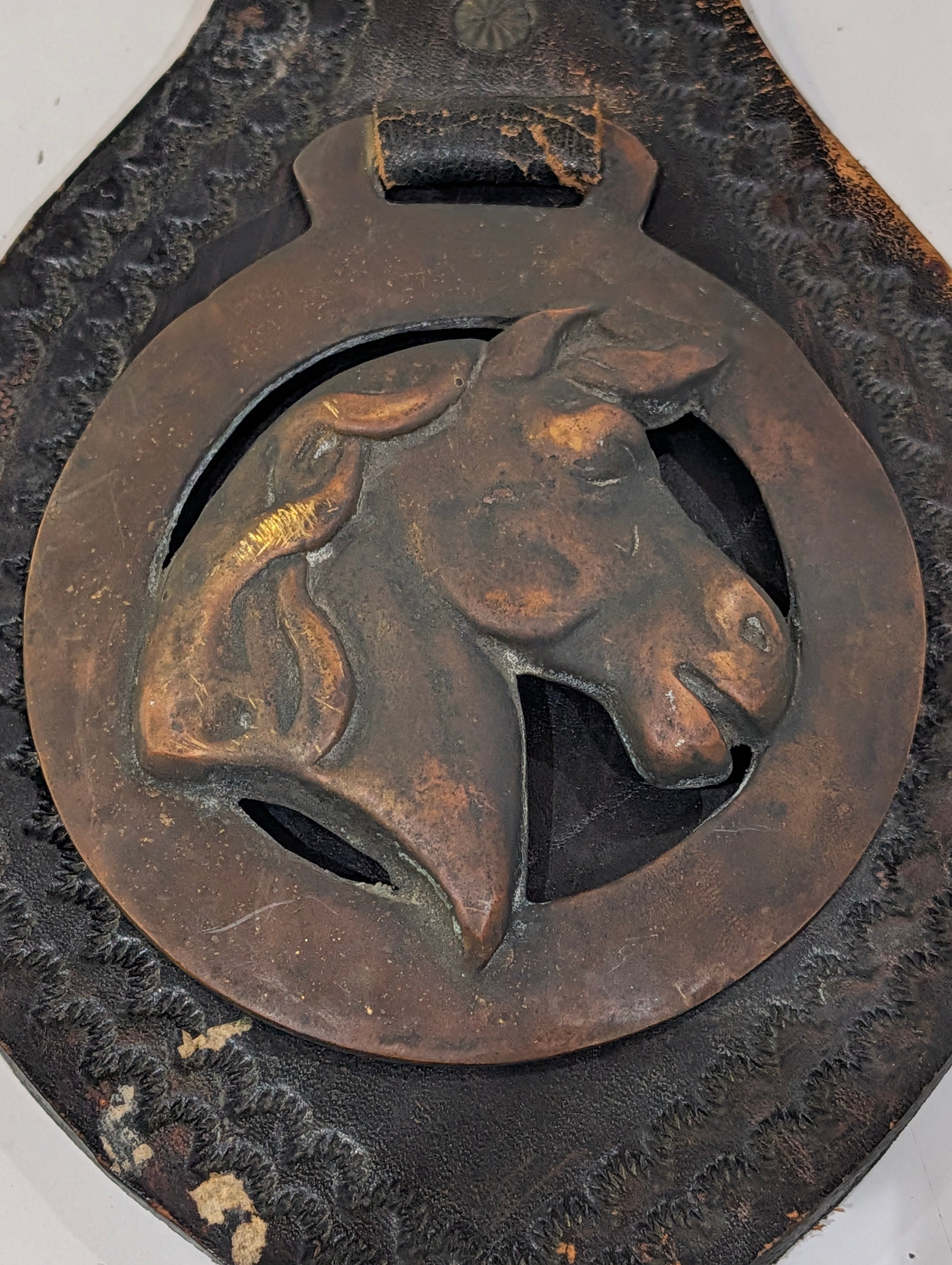 Vintage Horse Head Brass Door Knocker Leather Backing Rustic Western Decor