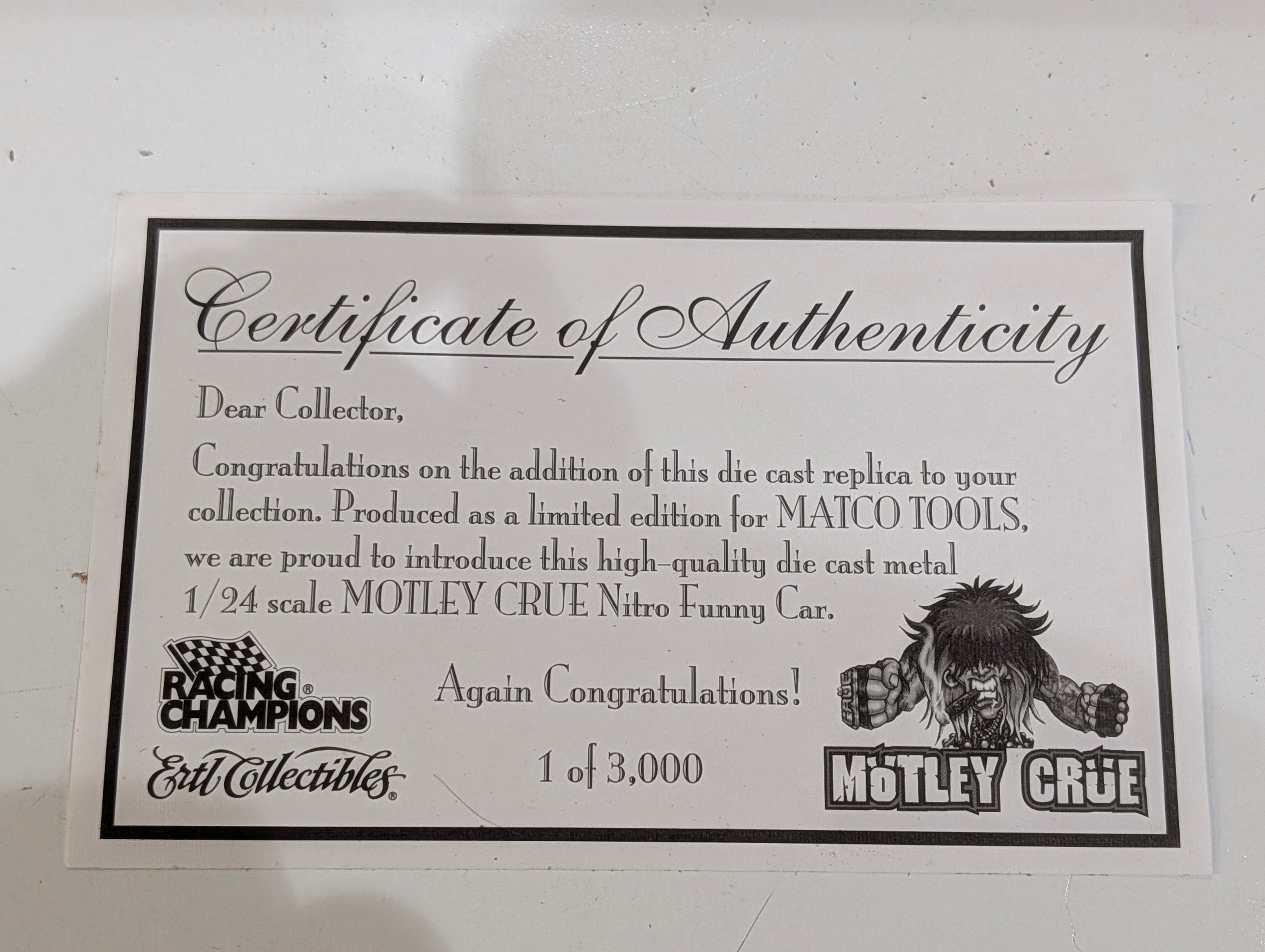 Signed Jim Epler Motley Crue 1:24 Nitro Funny Car Diecast Matco Tools COA