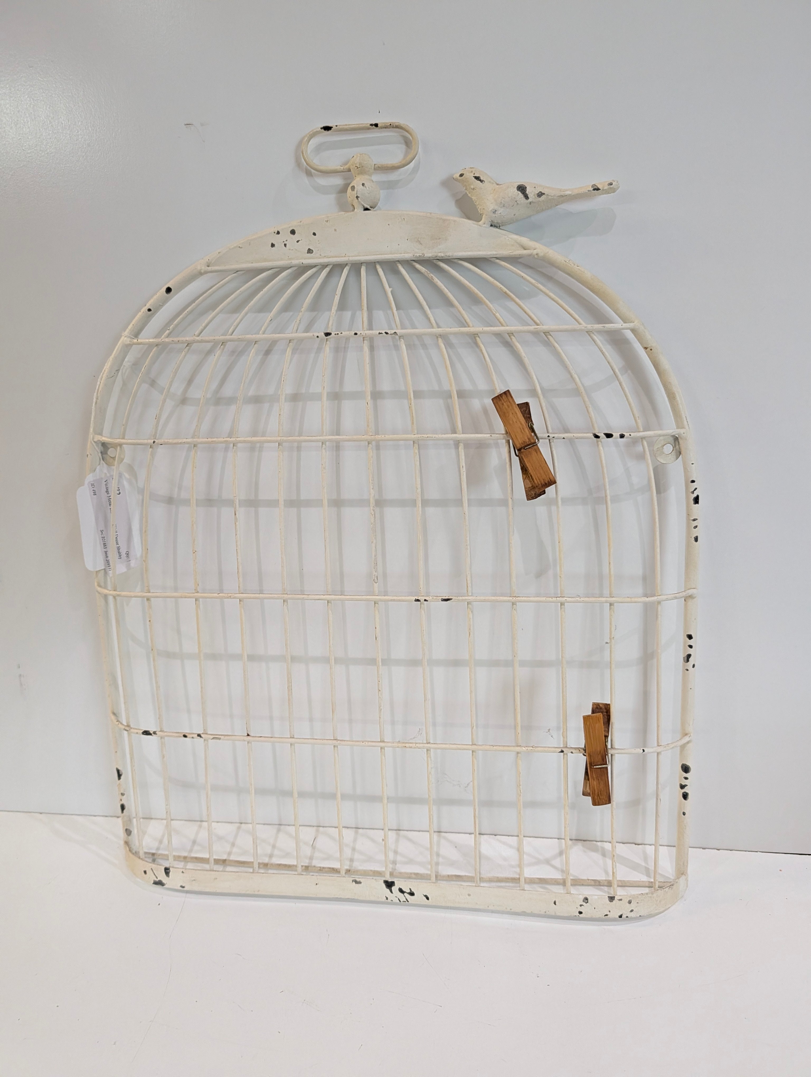 Vintage Metal Birdcage Wall Decor Photo Holder Rustic White Distressed Clip Frame