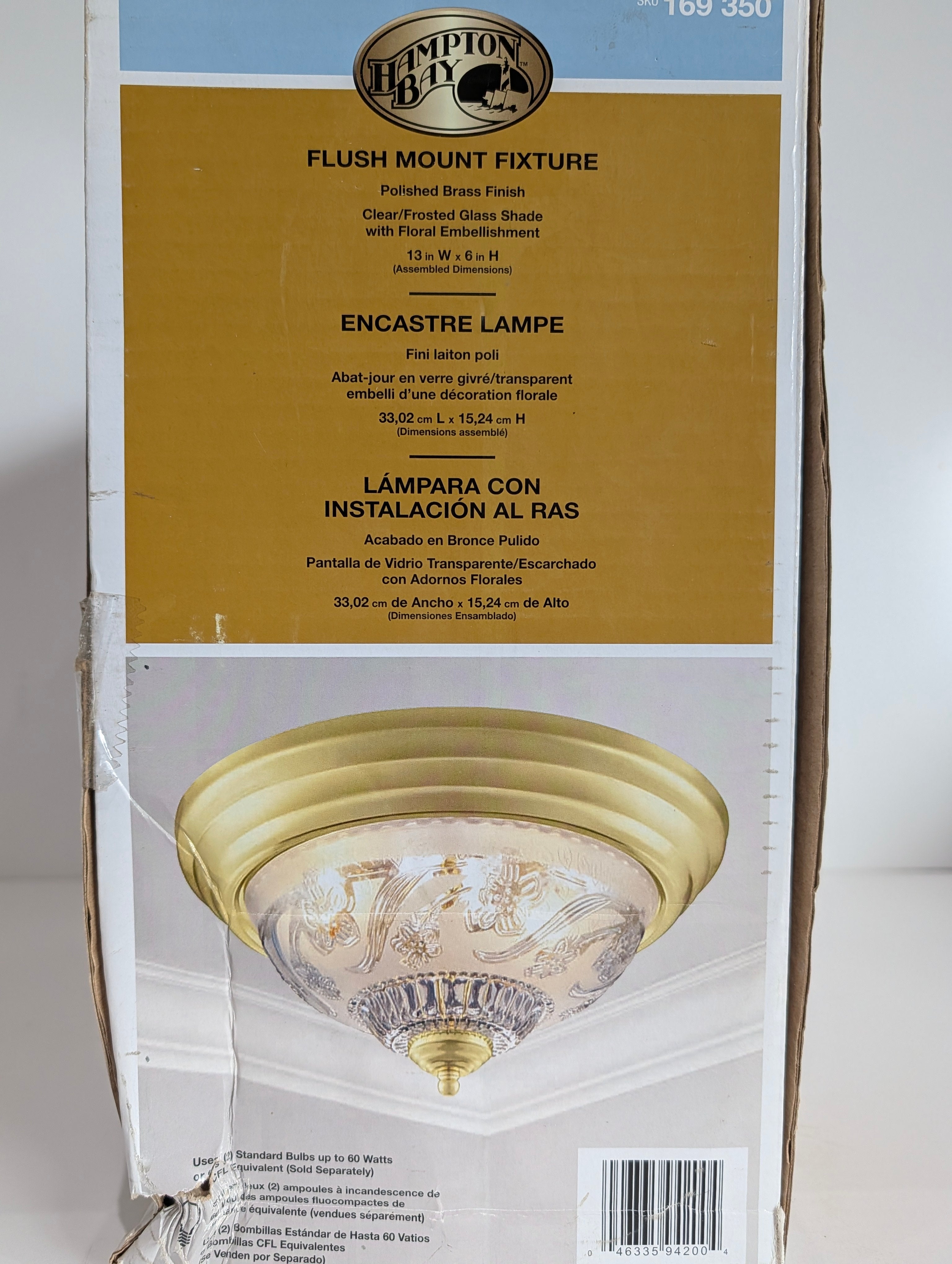 Hampton Bay Flush Mount Ceiling Light Polished Brass Floral Glass 13in Fixture