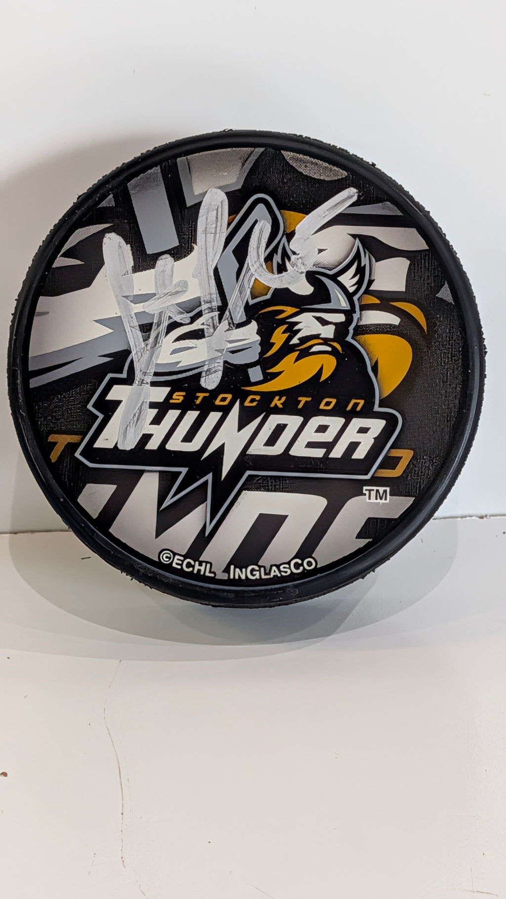 Signed Autograph Stockton Thunder ECHL Hockey Puck Inglasco Official Game