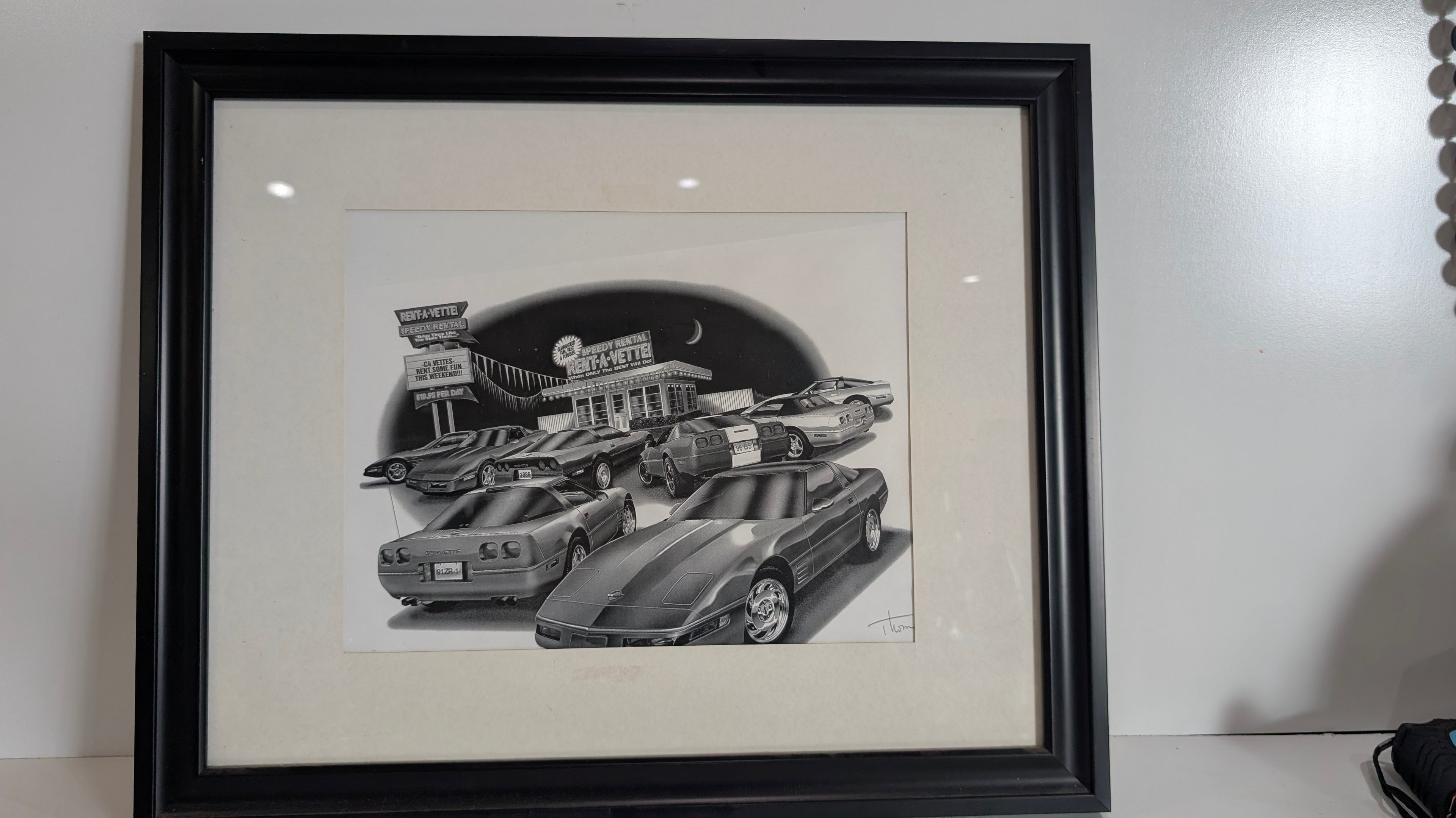 Vintage Corvette Rent-A-Vette Framed Print Black White Automotive Art Decor