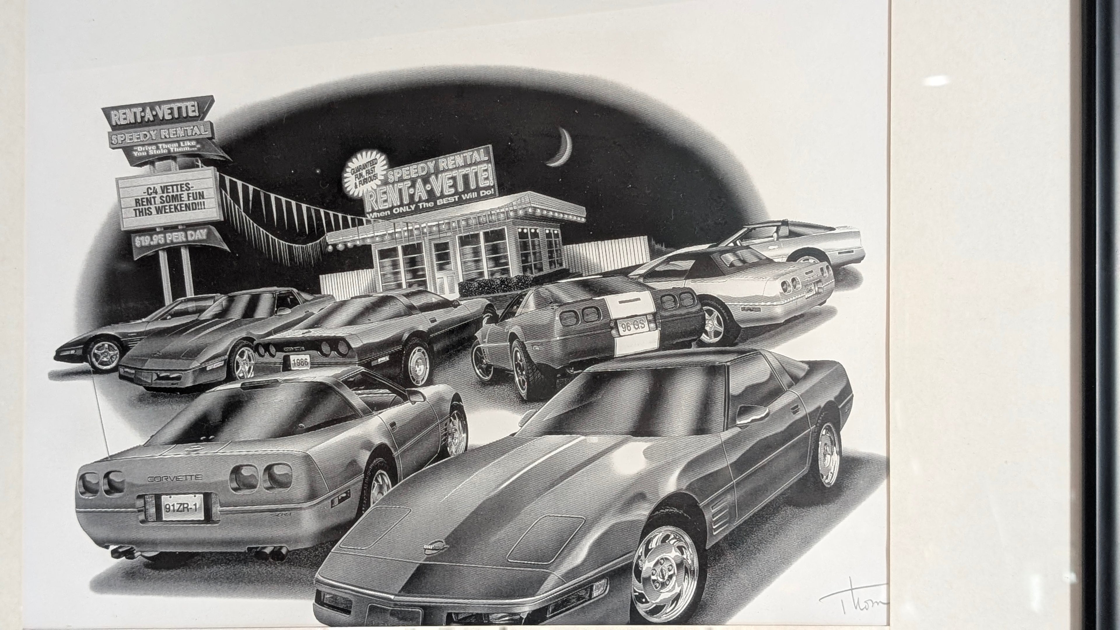 Vintage Corvette Rent-A-Vette Framed Print Black White Automotive Art Decor