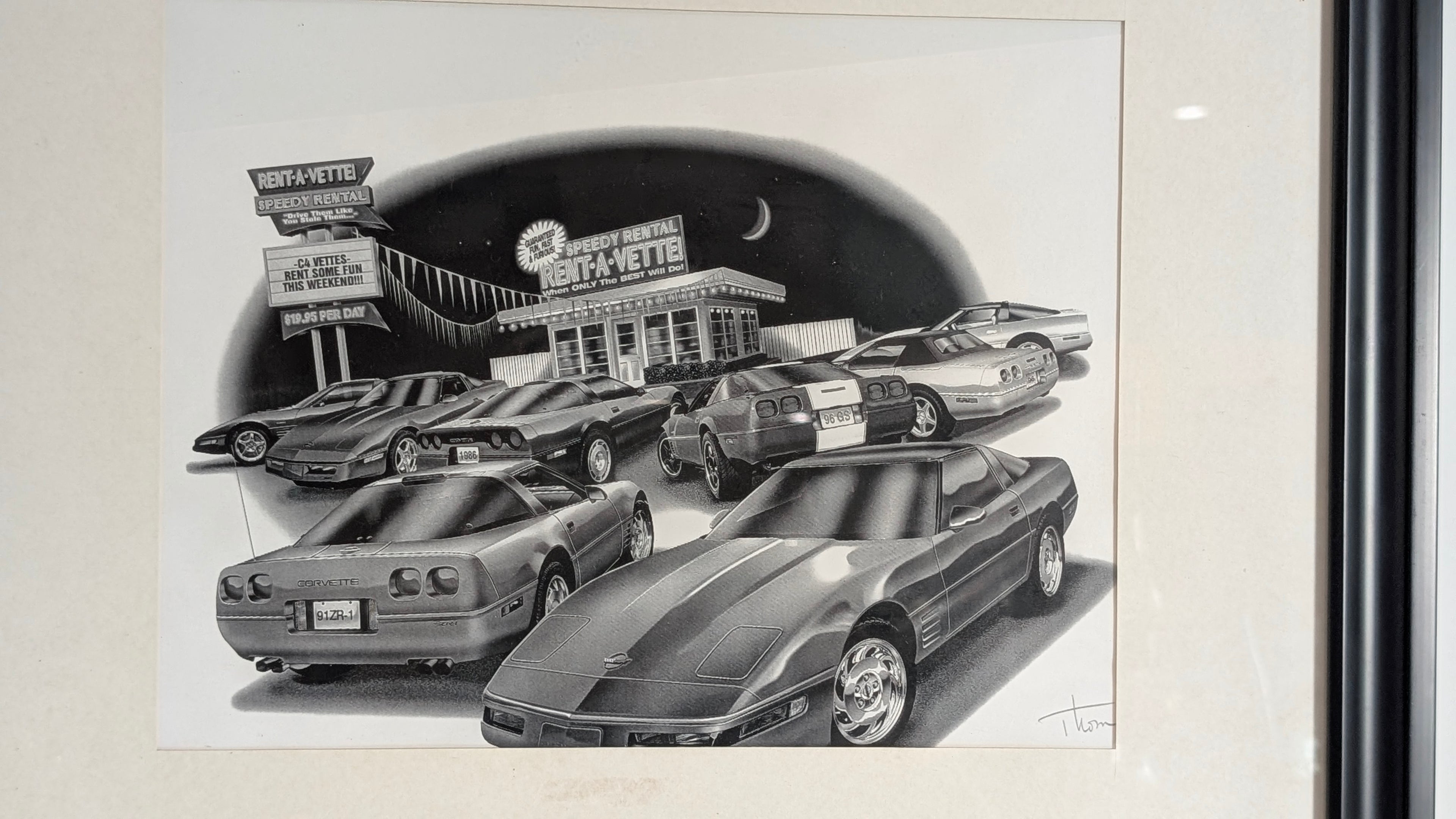Vintage Corvette Rent-A-Vette Framed Print Black White Automotive Art Decor