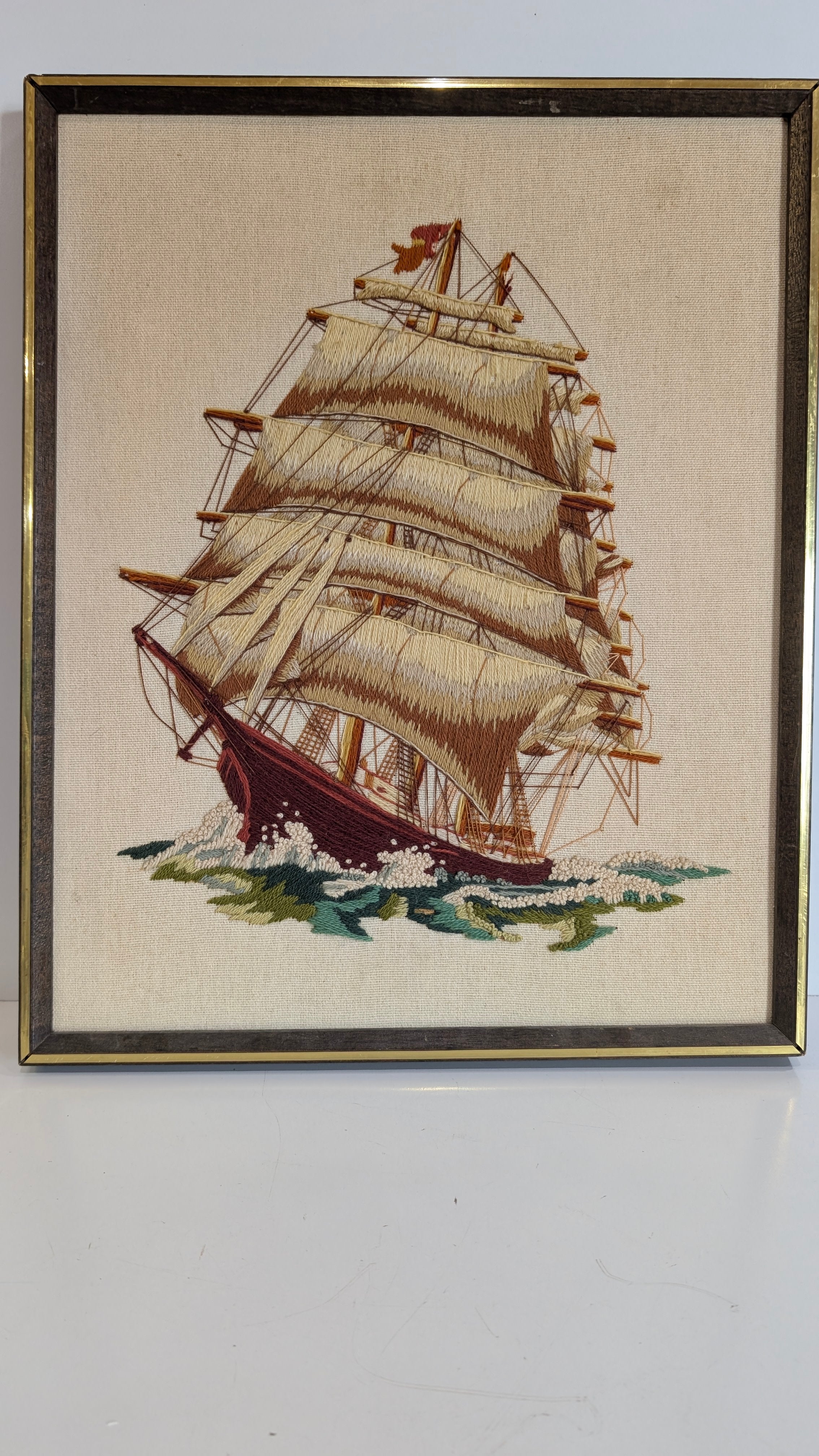 Vintage 1977 Sunset Designs Before The Wind Ship Needlepoint Framed Art
