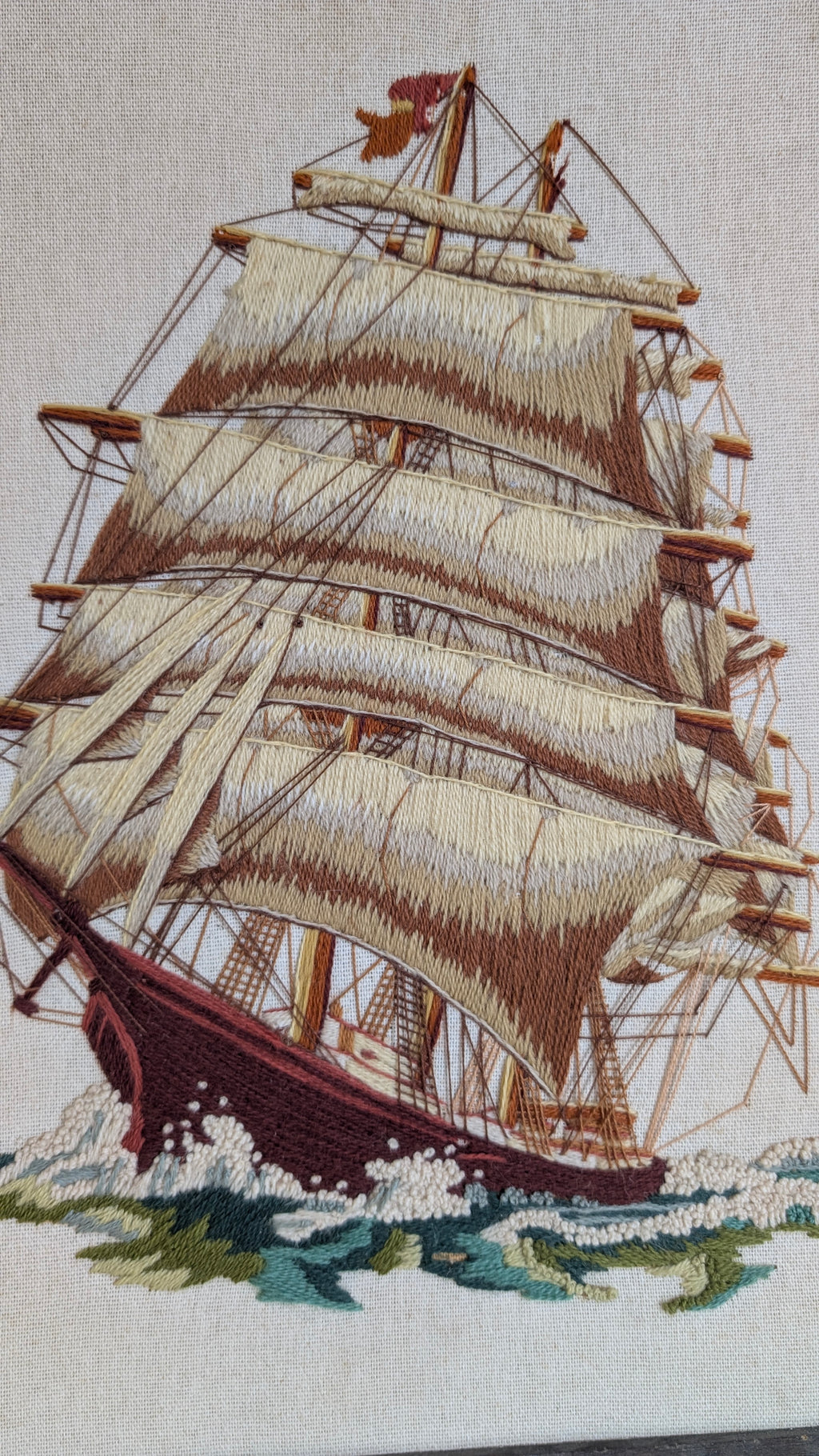 Vintage 1977 Sunset Designs Before The Wind Ship Needlepoint Framed Art