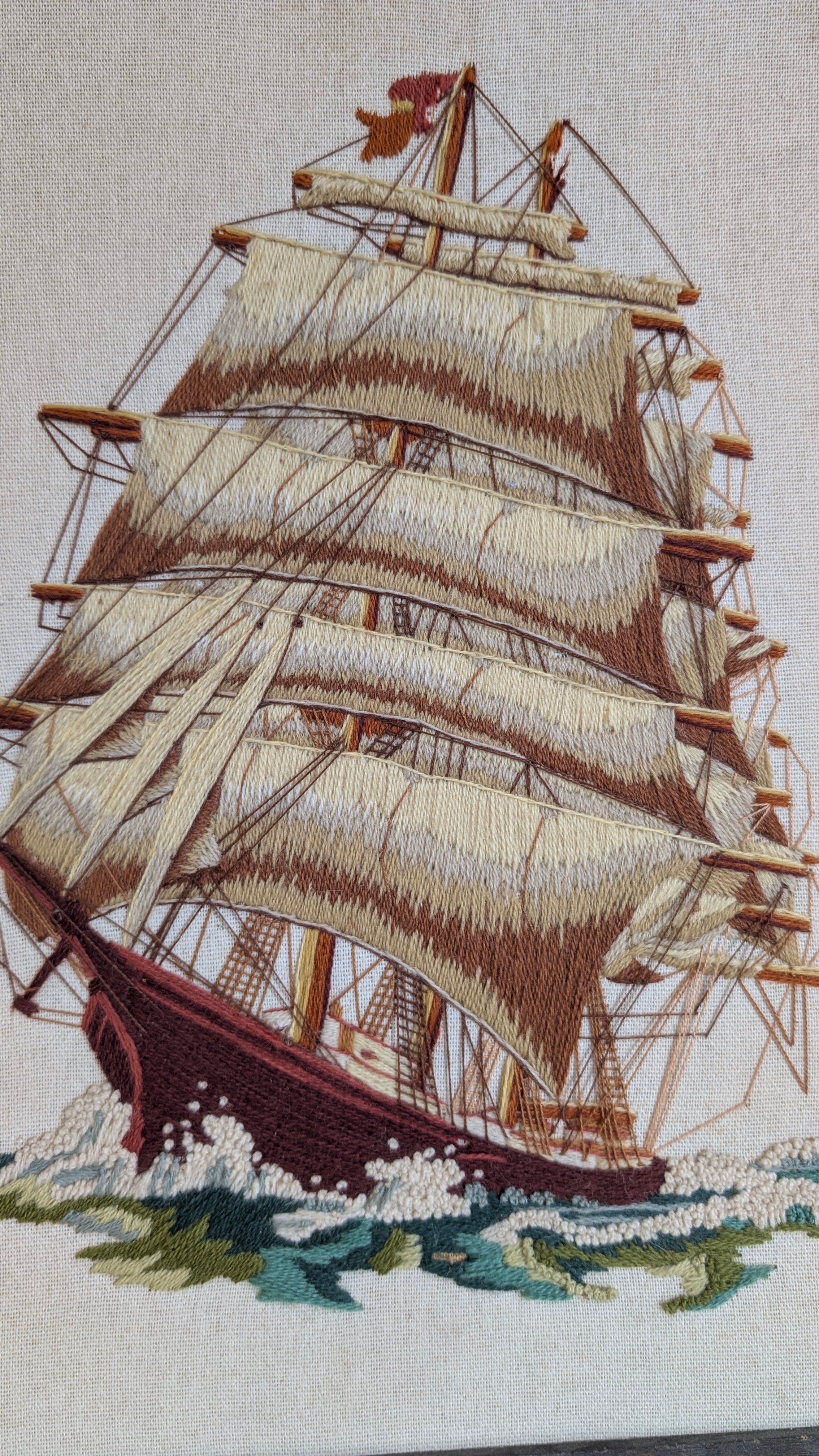 Vintage 1977 Sunset Designs Before The Wind Ship Needlepoint Framed Art