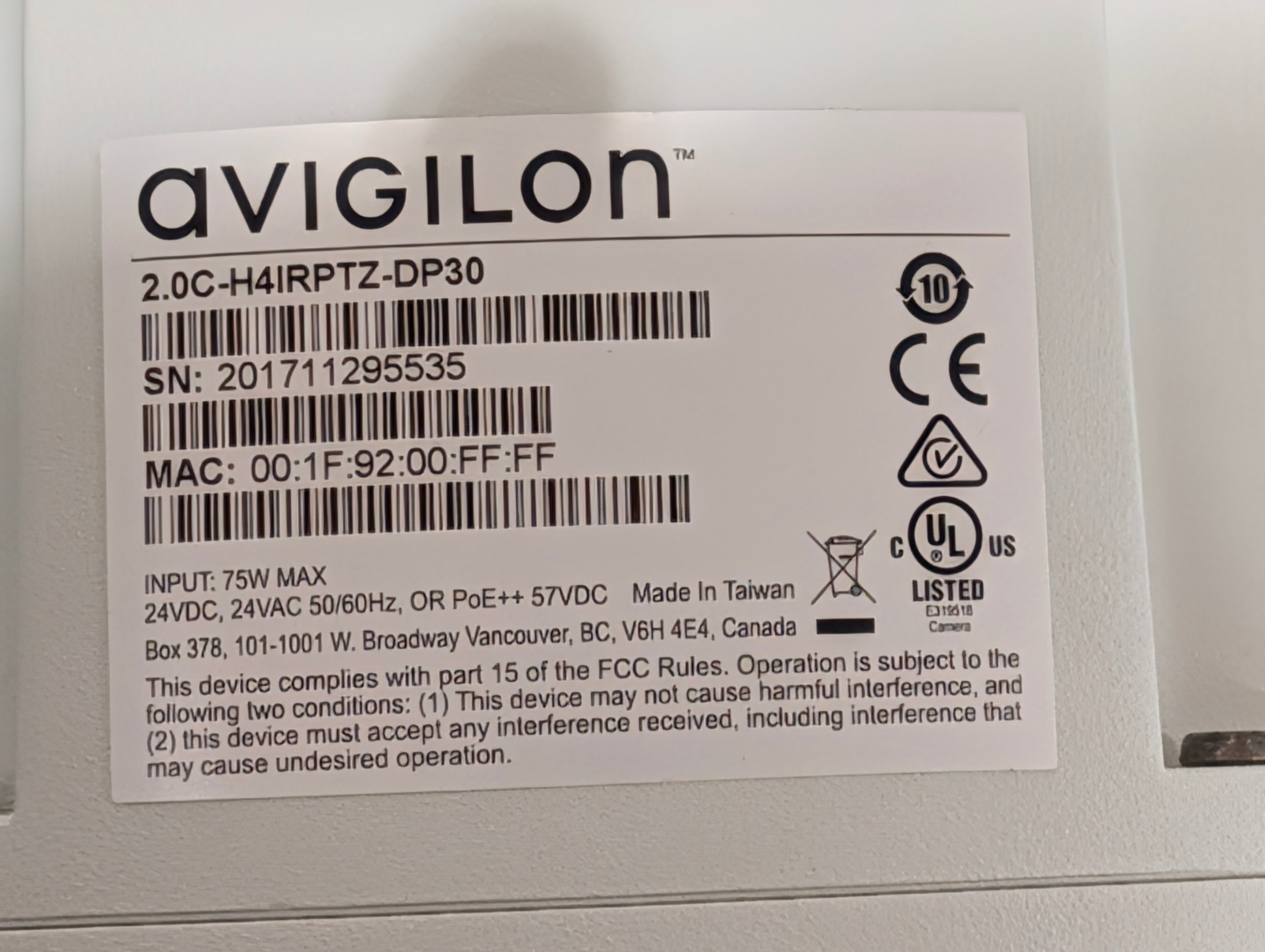 Avigilon 2.0C-H4IRPTZ-DP30 PTZ Security Camera Dome IR Outdoor Unit No Power